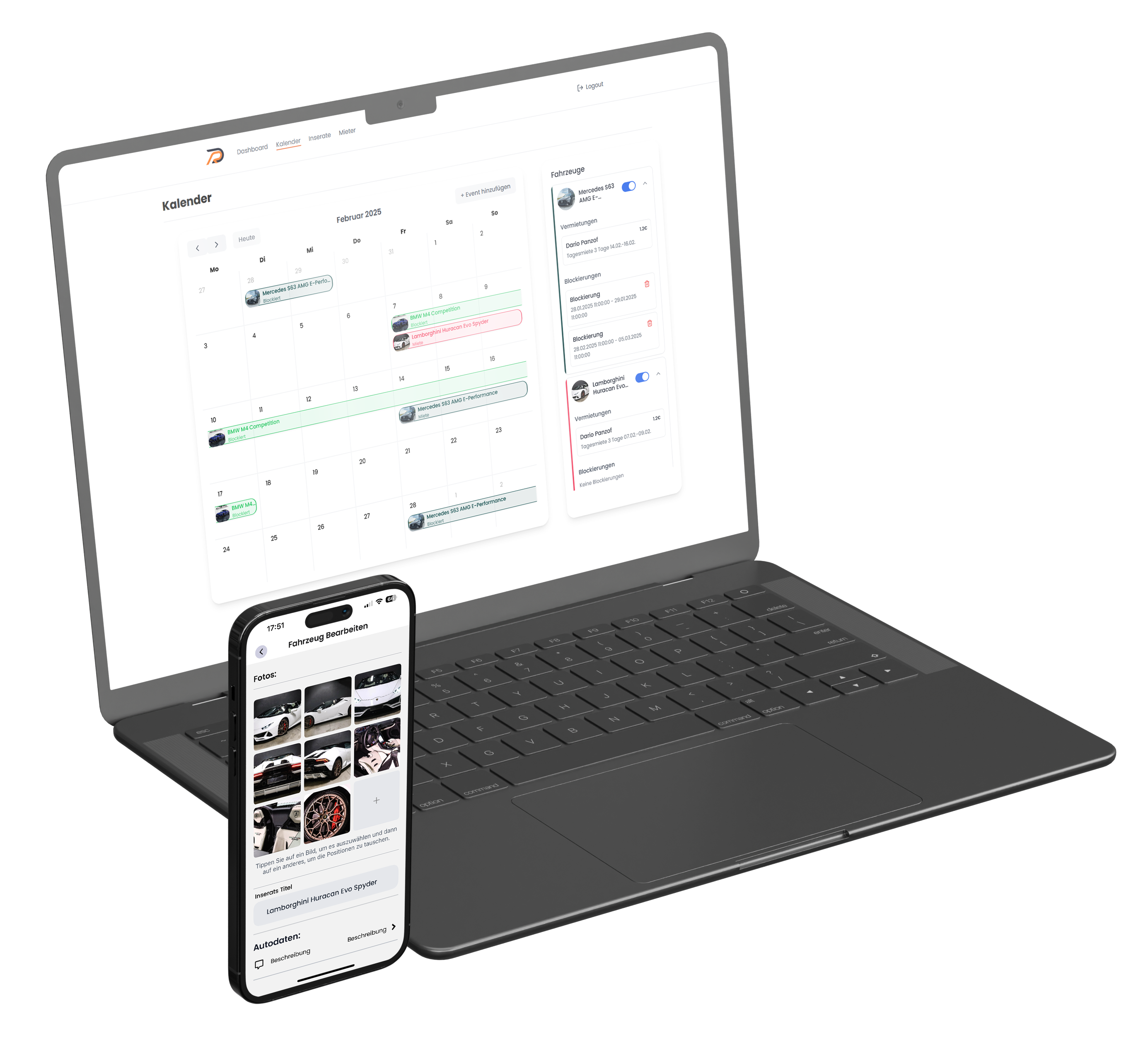 Drivable App Interface zeigt Sportwagen Auswahl und Buchungsprozess auf mehreren iPhone Bildschirmen