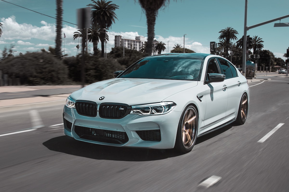BMW M-Sportmodell in Blau auf einer geschwungenen Landstraße – charakteristische M-Optik mit breiten Radhäusern