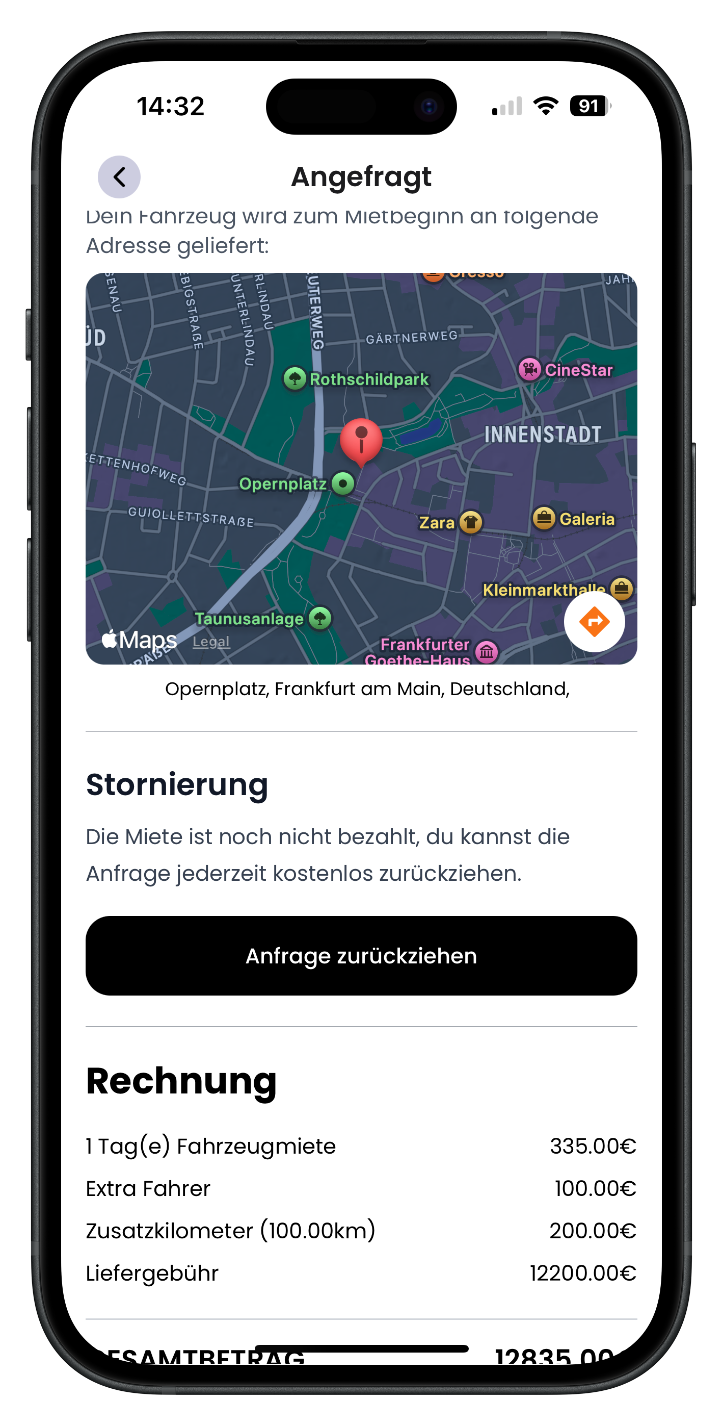 Angefragt-Screen mit Karte, Stornierungs-Hinweis und schwarzem Button Anfrage zurückziehen