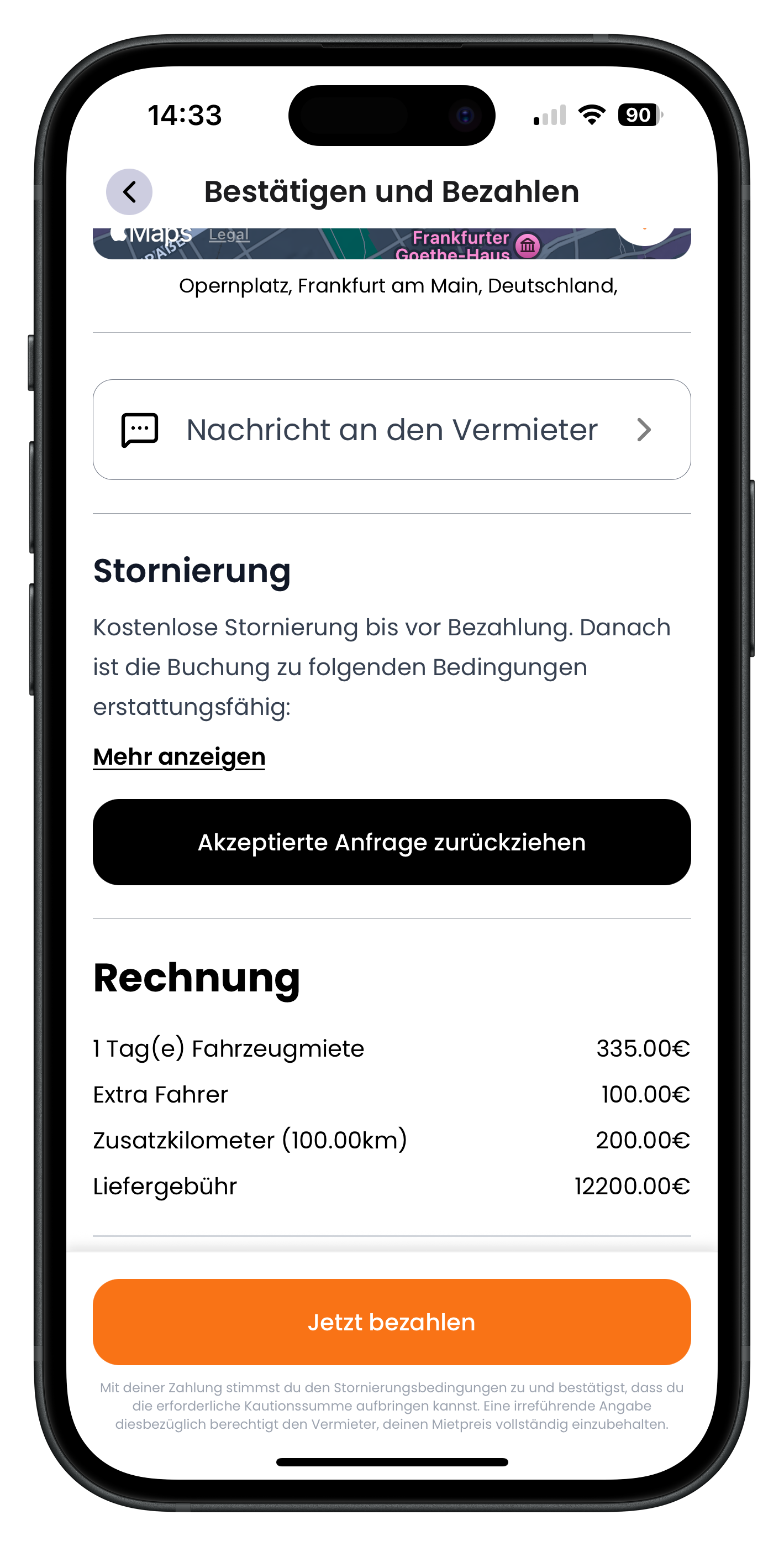 Bestätigen-und-Bezahlen-Screen mit Stornierungs-Hinweis und schwarzem Button Akzeptierte Anfrage zurückziehen