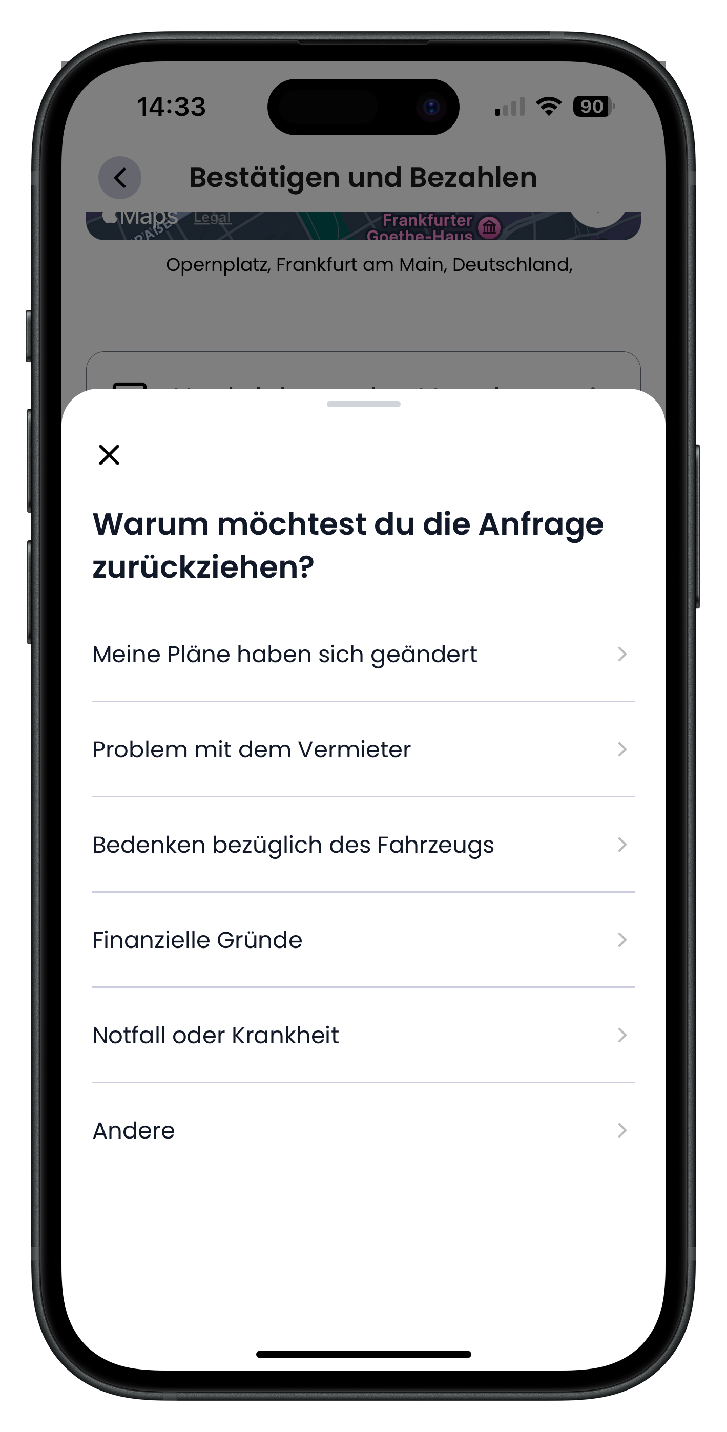 Auswahlfenster mit der Frage warum möchtest du die Anfrage zurückziehen und mehreren Gründen