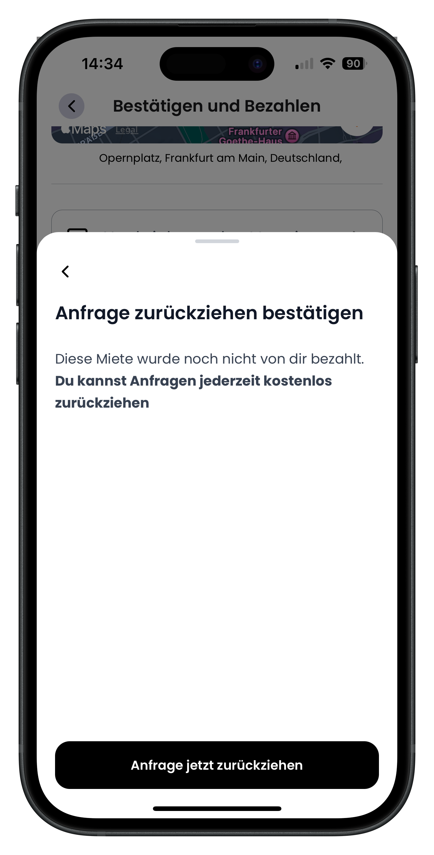 Bestätigungs-Screen Anfrage zurückziehen bestätigen mit Hinweis auf kostenloses Zurückziehen