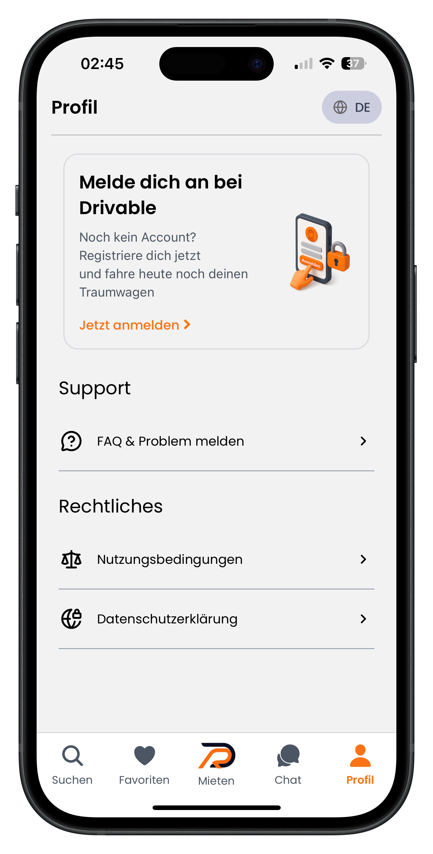 Drivable Profil-Tab mit Anmelde-Aufforderung und Jetzt-anmelden-Link