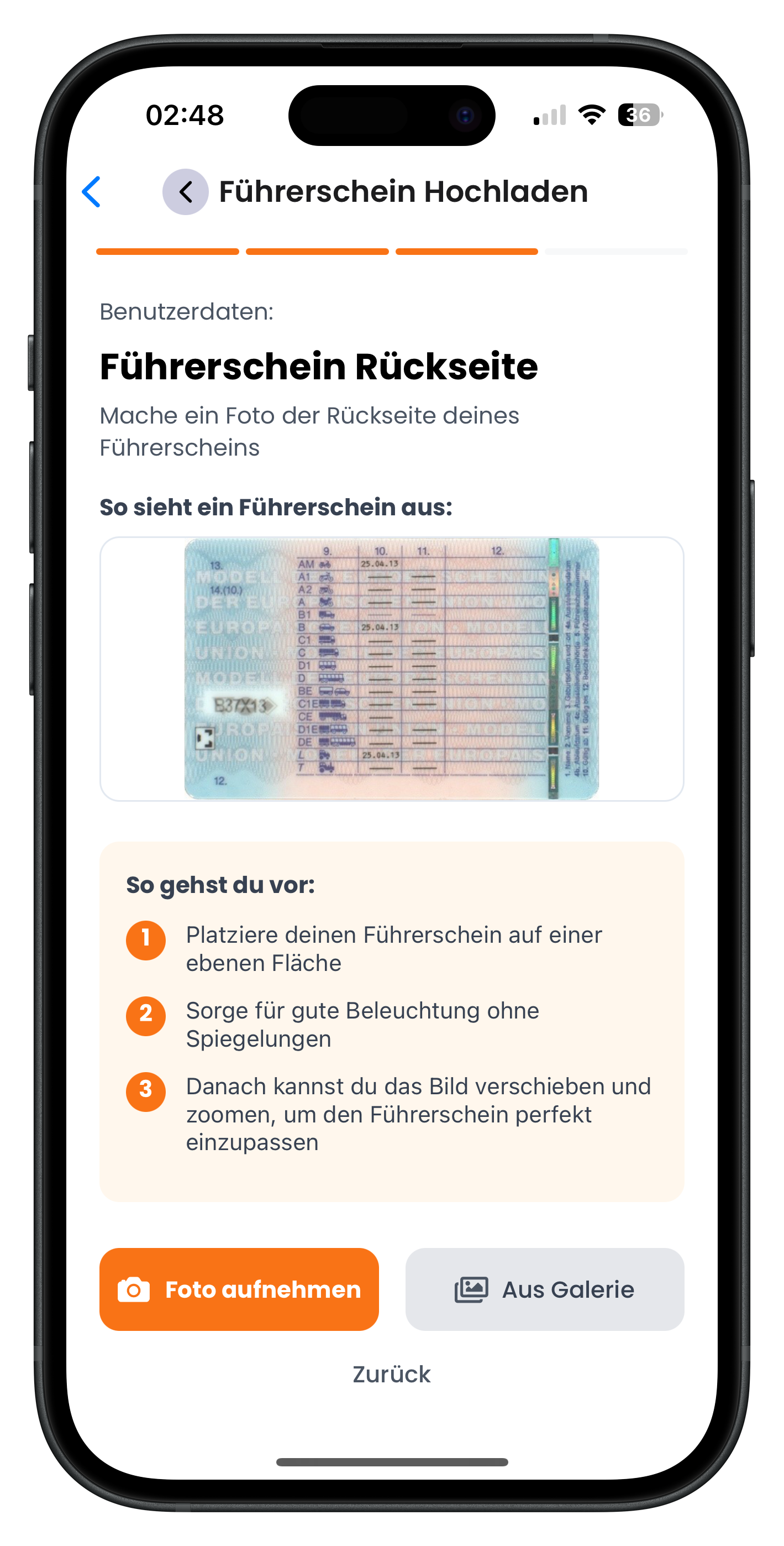 Führerschein Rückseite hochladen mit Beispielbild und Fototipps