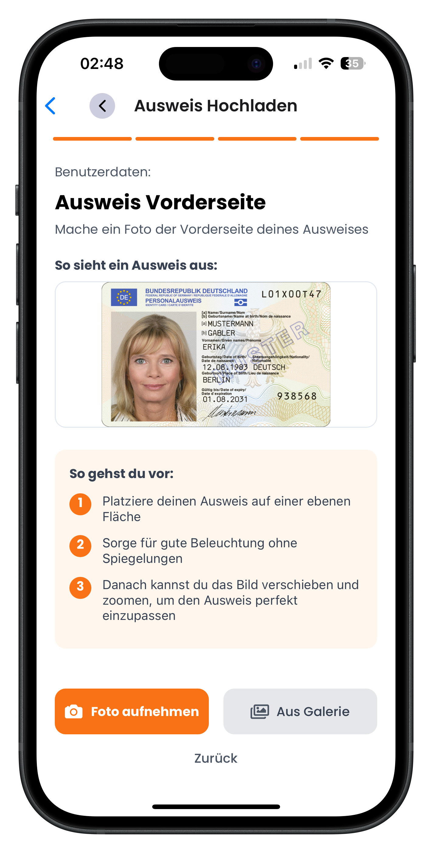 Personalausweis Vorderseite hochladen mit Beispielbild