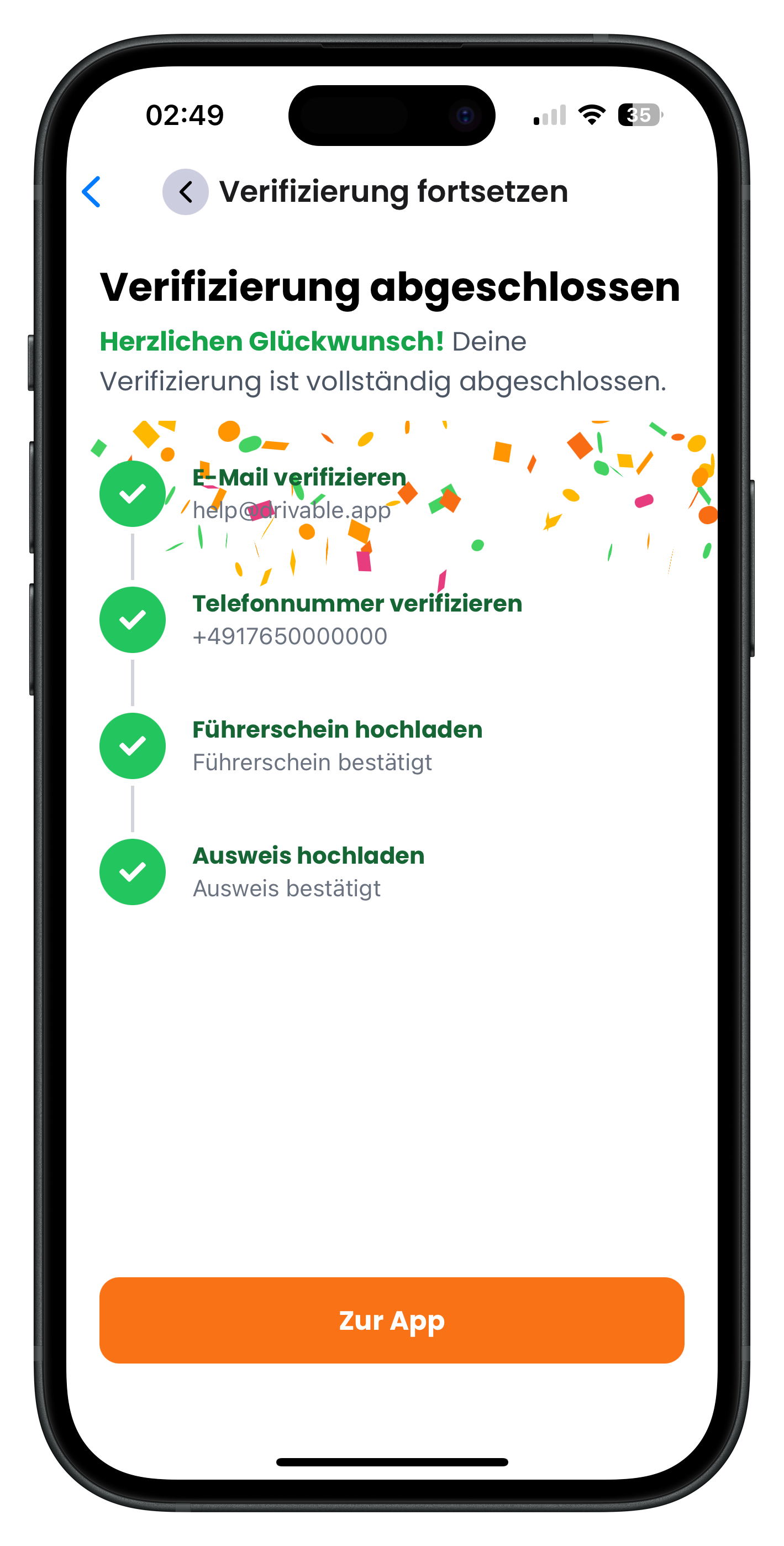 Verifizierung abgeschlossen mit Konfetti und vier grünen Häkchen