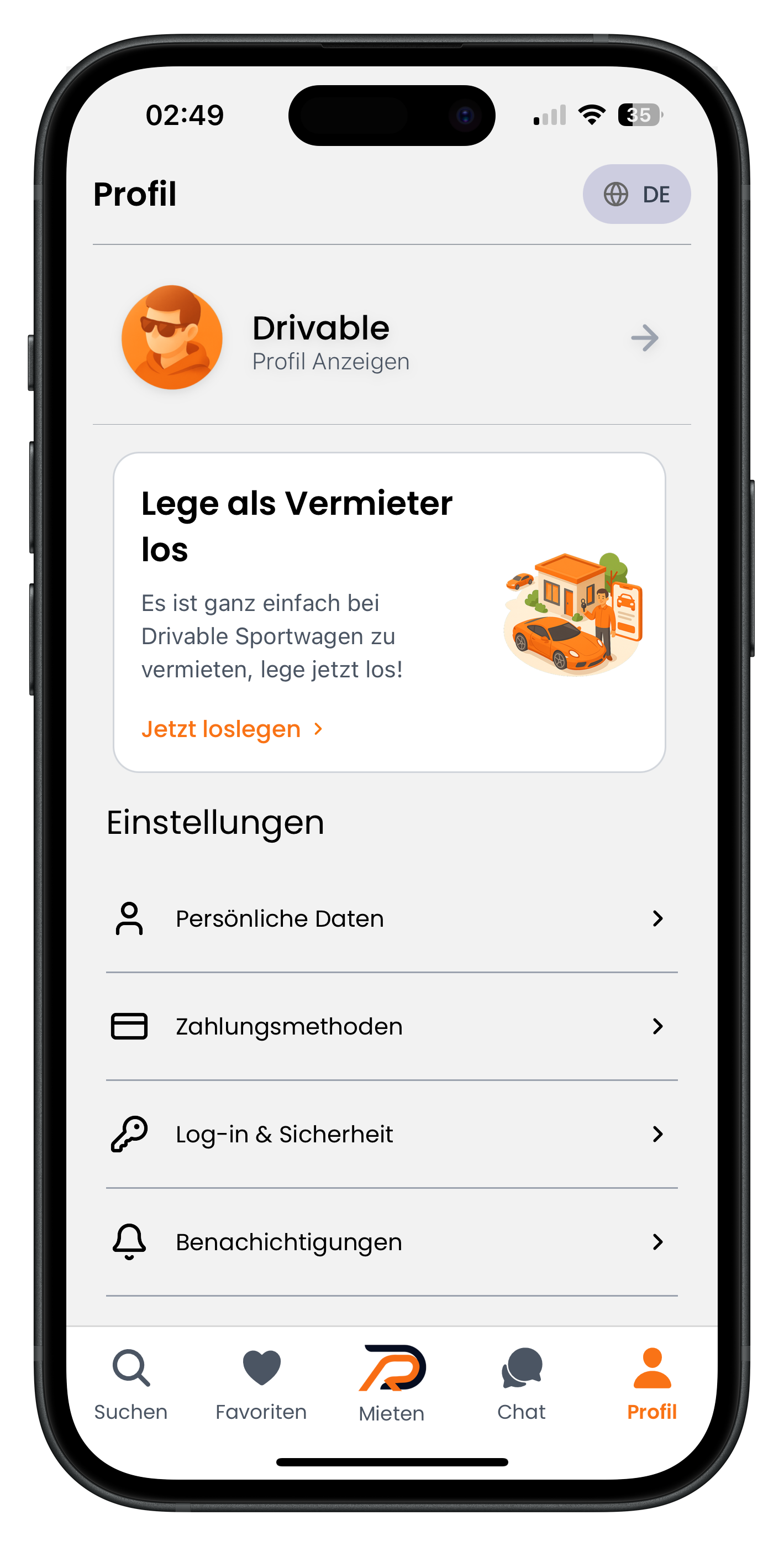 Profil-Übersicht mit Vermieter-Option und Einstellungs-Menü