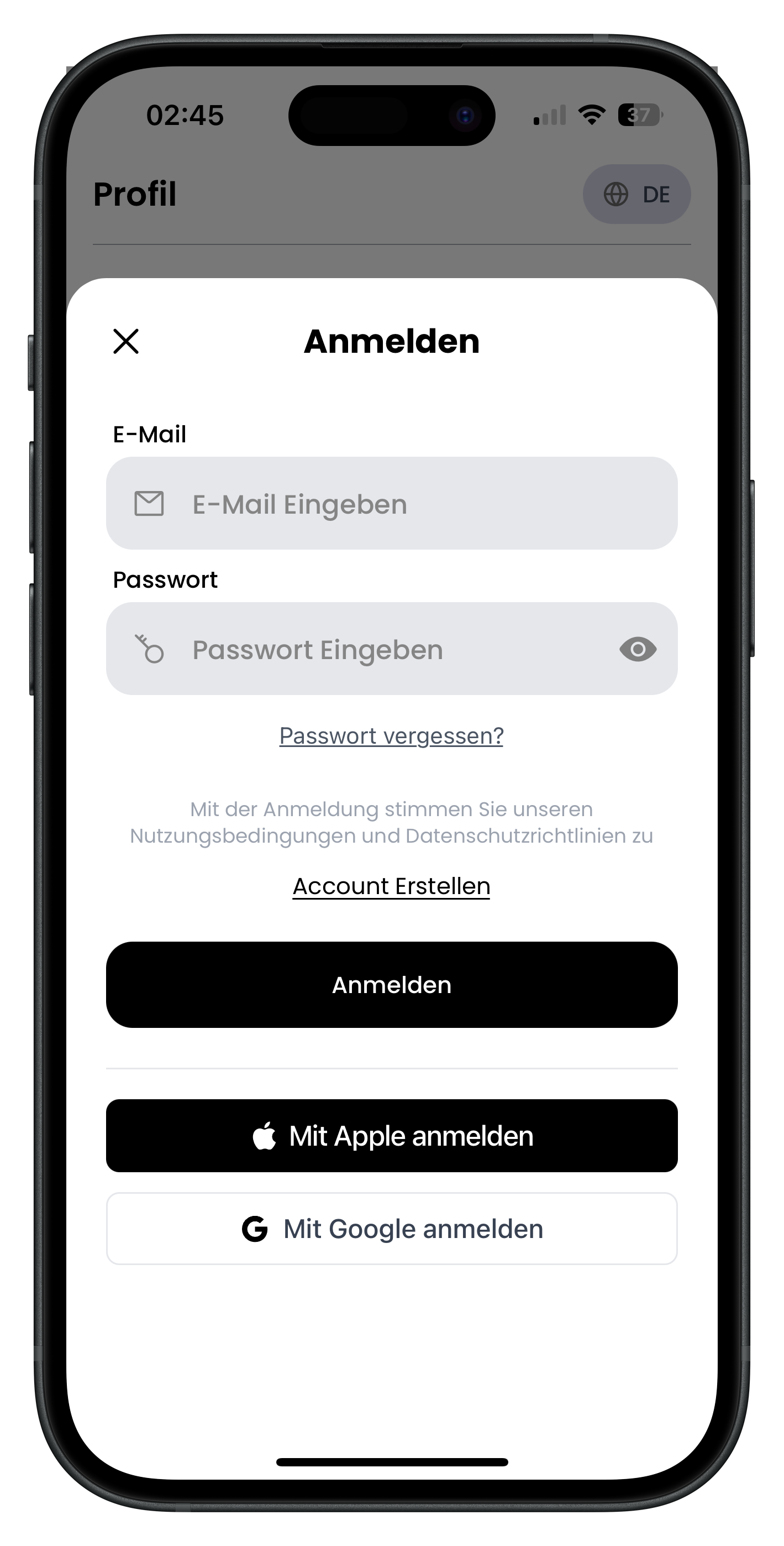 Anmeldemaske mit E-Mail-Login, Account Erstellen und Social-Login-Buttons