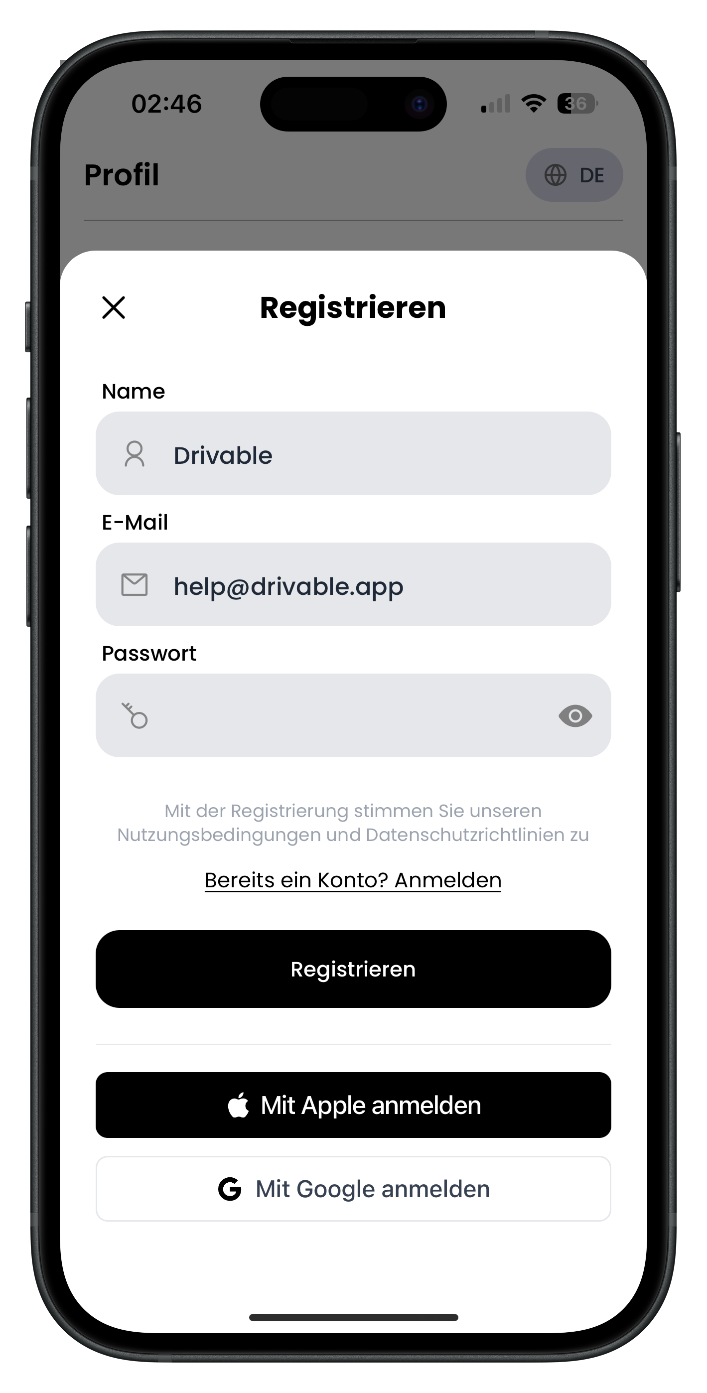 Registrierungsformular mit Eingabefeldern für Name, E-Mail und Passwort