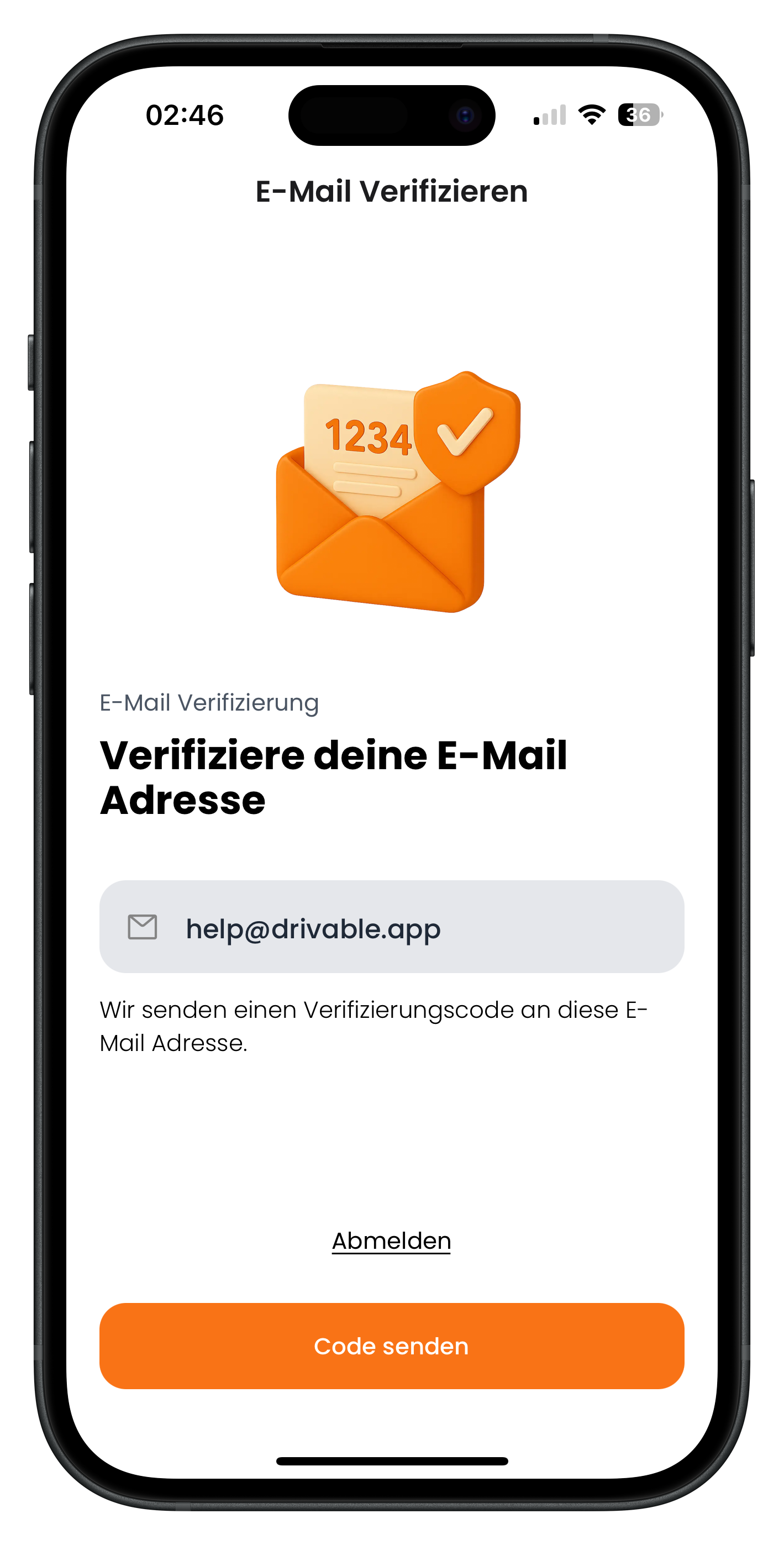 E-Mail-Verifizierungsscreen mit angezeigter Adresse und Code-senden-Button