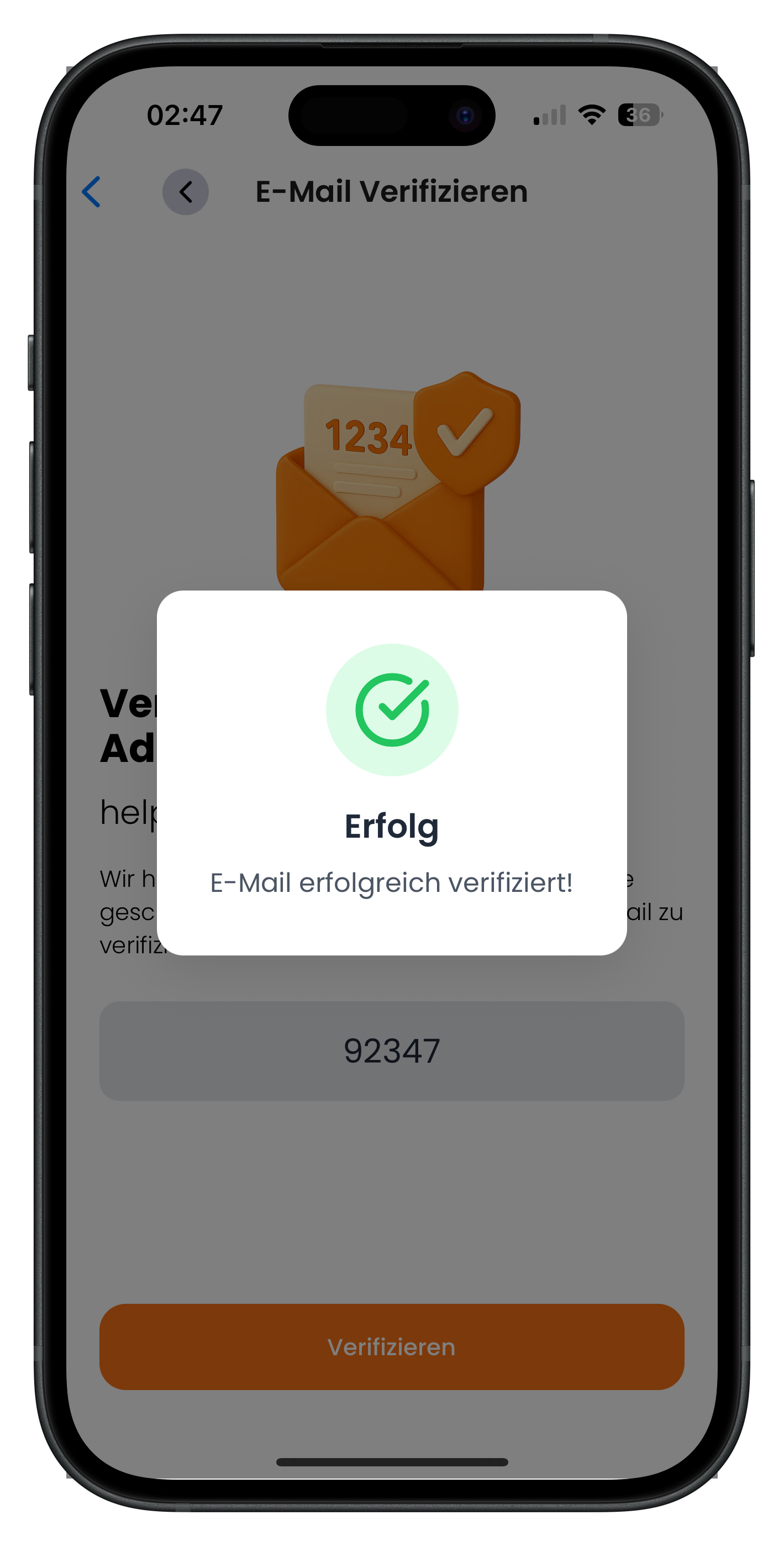 Erfolgs-Dialog E-Mail erfolgreich verifiziert mit grünem Häkchen