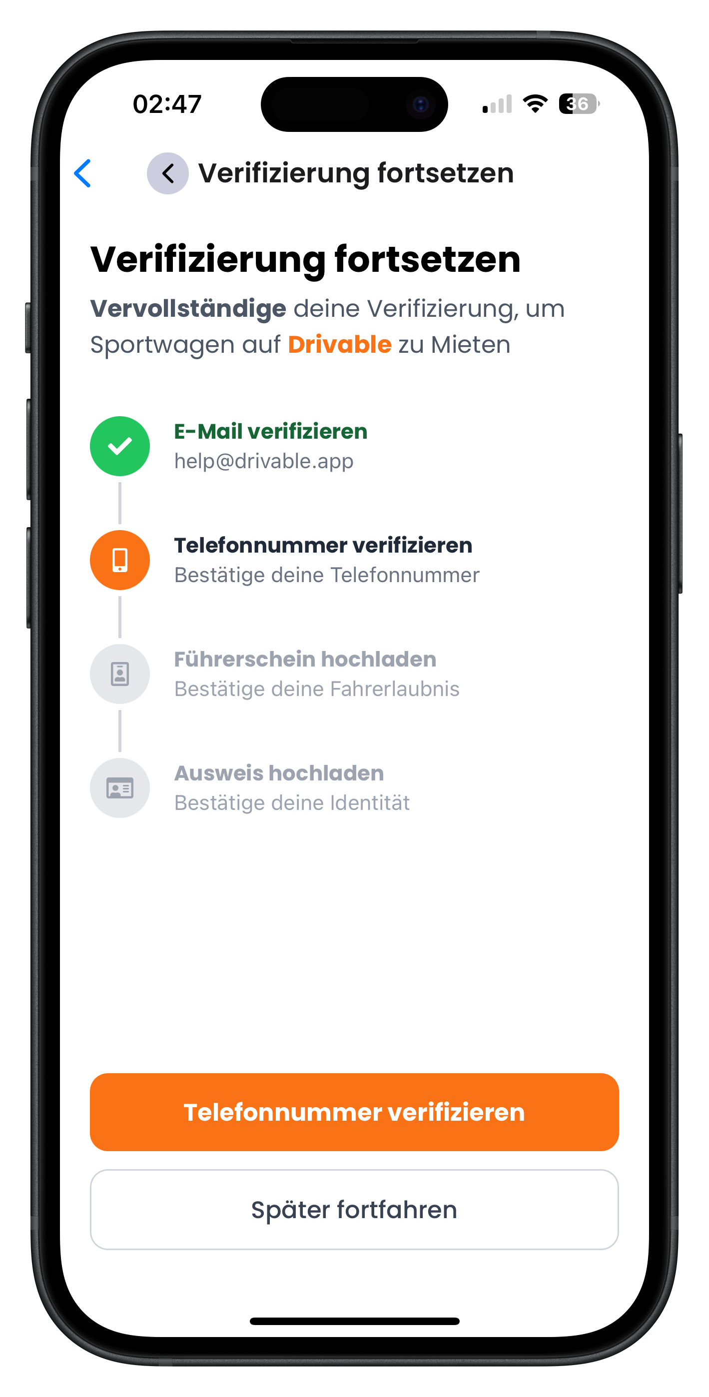 Verifizierungs-Checkliste mit E-Mail erledigt und Telefonnummer als nächster Schritt