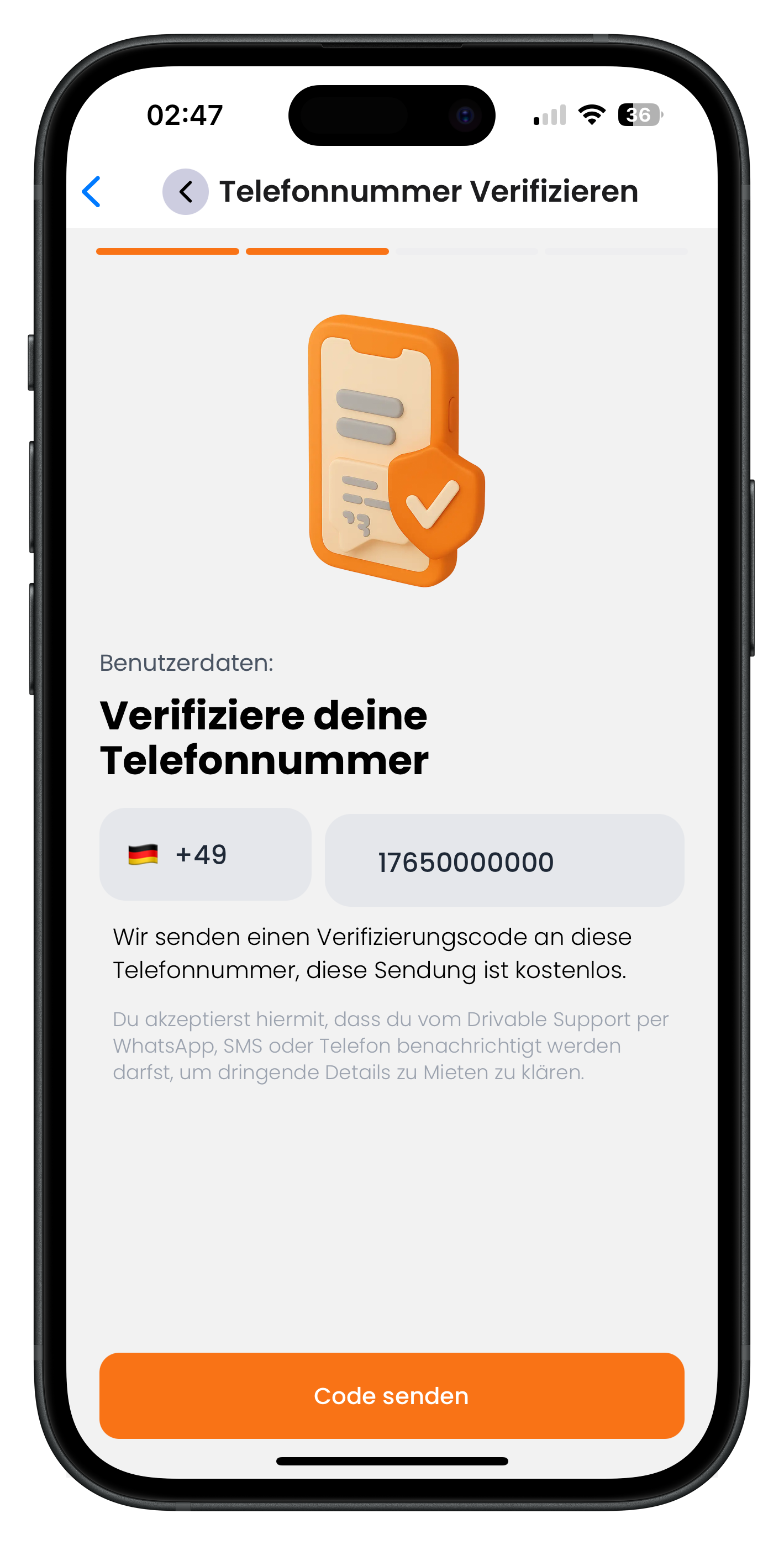 Telefonnummer-Eingabe mit deutscher Vorwahl und Code-senden-Button