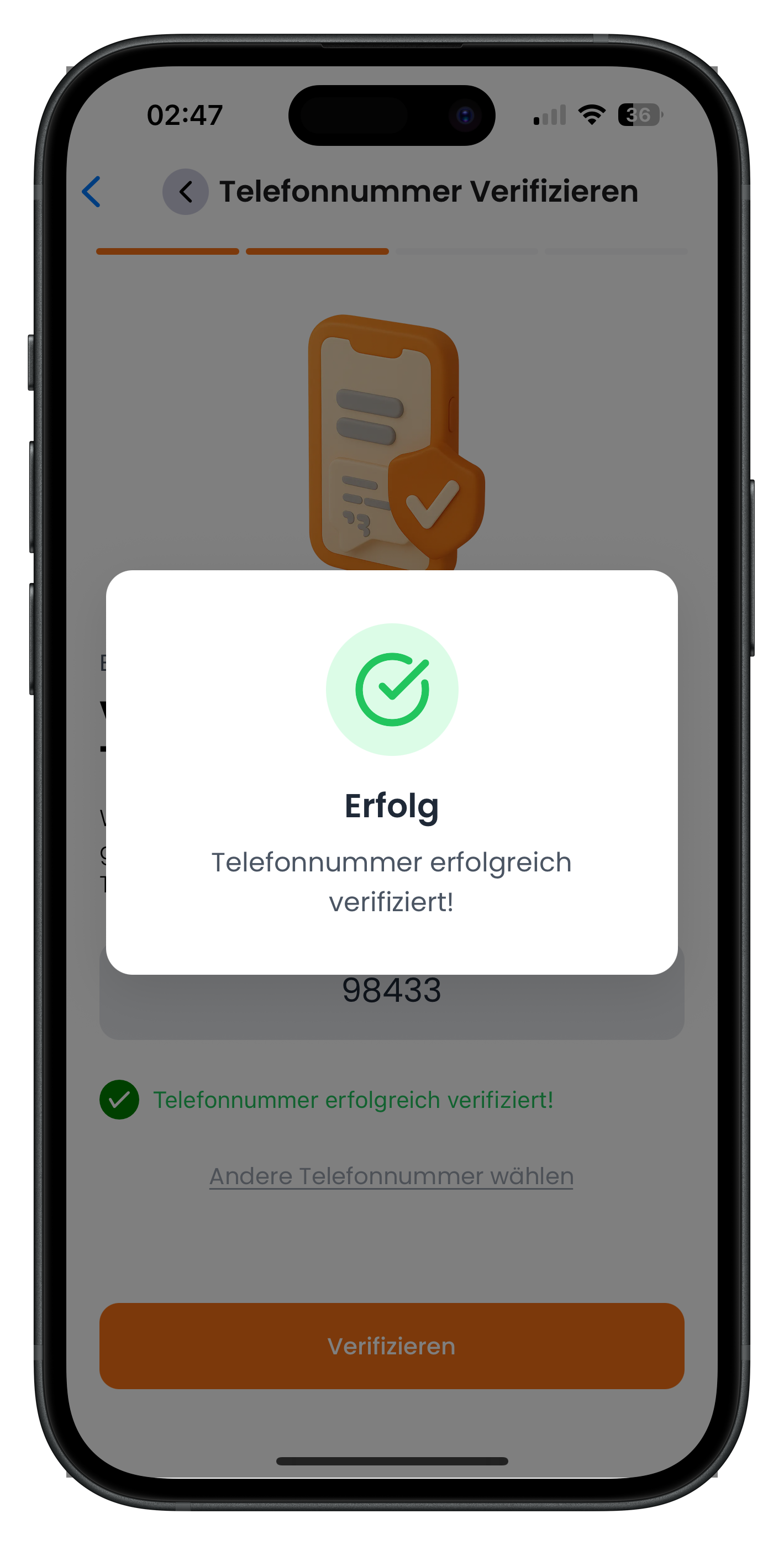Telefonnummer erfolgreich verifiziert mit Bestätigungs-Dialog