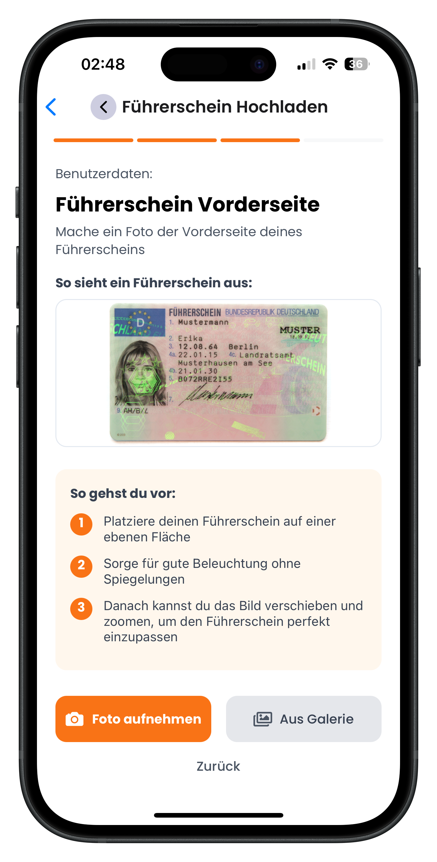 Führerschein Vorderseite hochladen mit Beispielbild und drei Fototipps