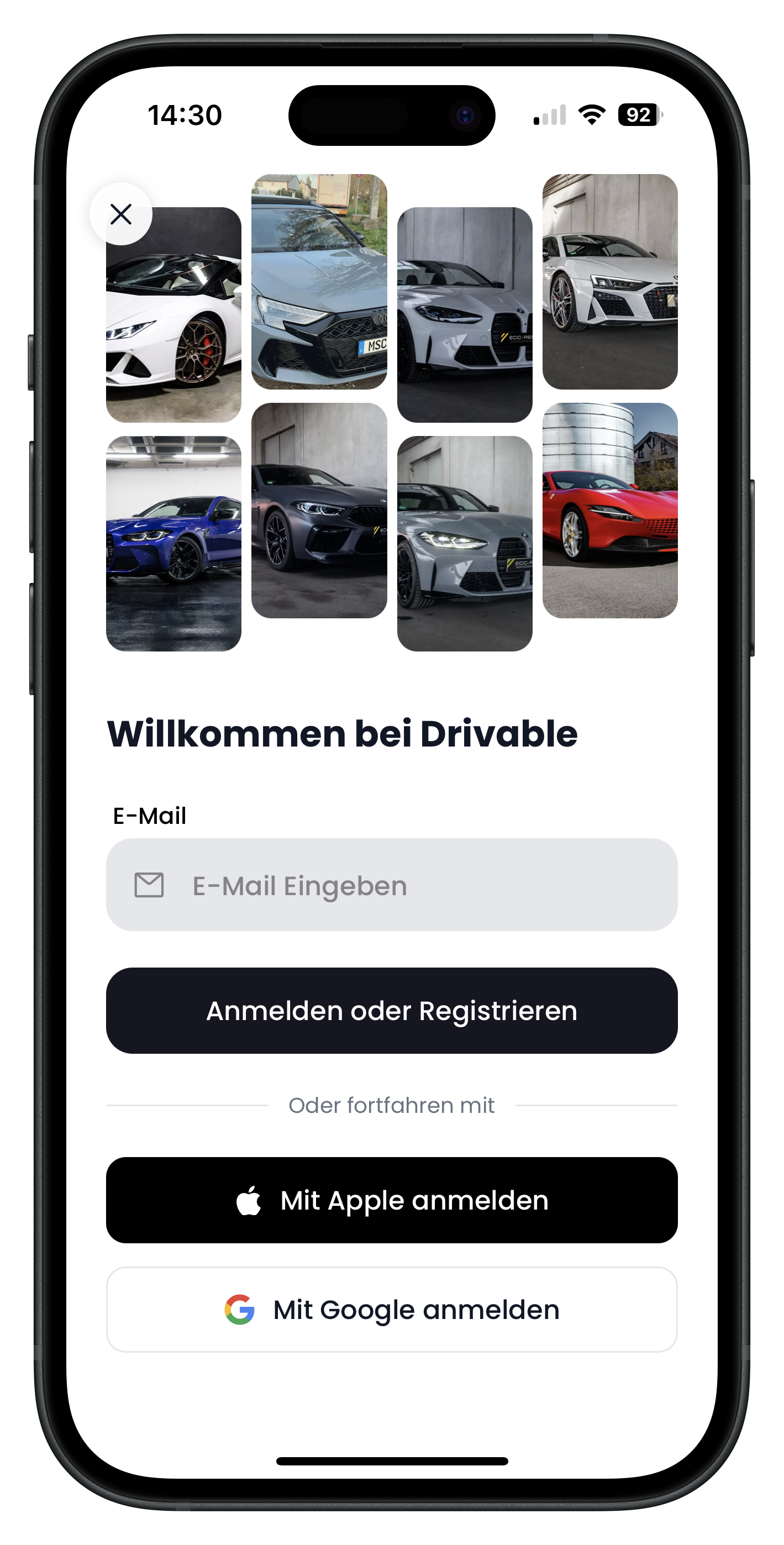 Neuer Drivable Willkommens-Screen mit Fahrzeug-Galerie, E-Mail-Feld, Button Anmelden oder Registrieren sowie Apple- und Google-Login