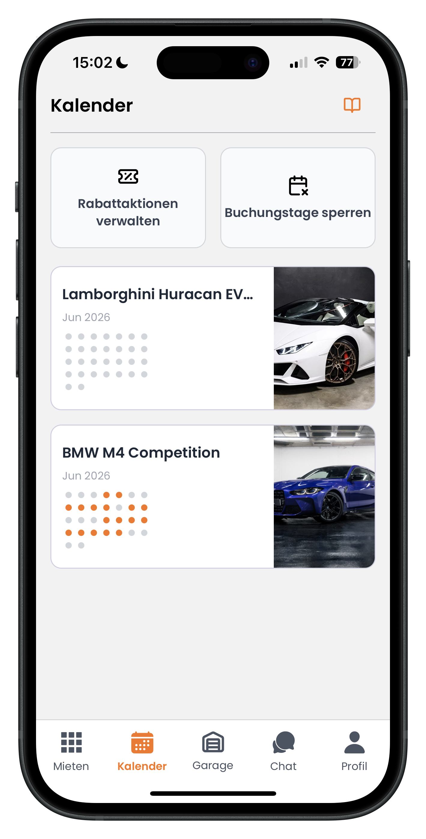 Kalender-Tab in der Drivable App mit den Kacheln Rabattaktionen verwalten und Buchungstage sperren sowie der Fahrzeugliste