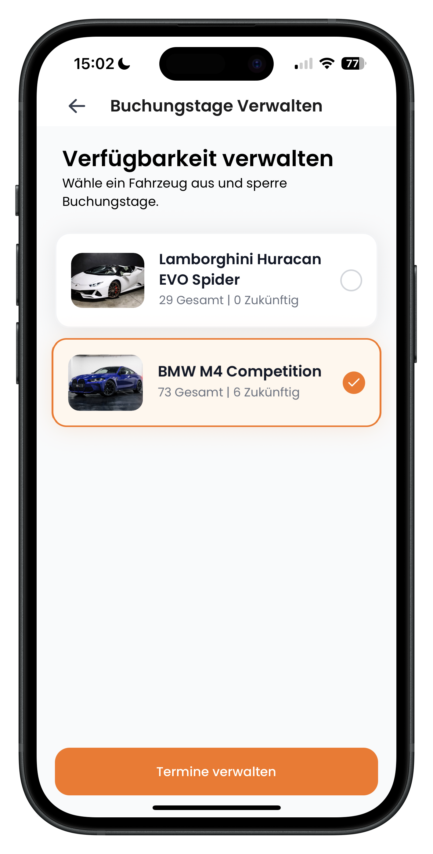 Seite Verfügbarkeit verwalten mit Fahrzeugauswahl, ausgewähltem BMW M4 Competition und orangem Button Termine verwalten