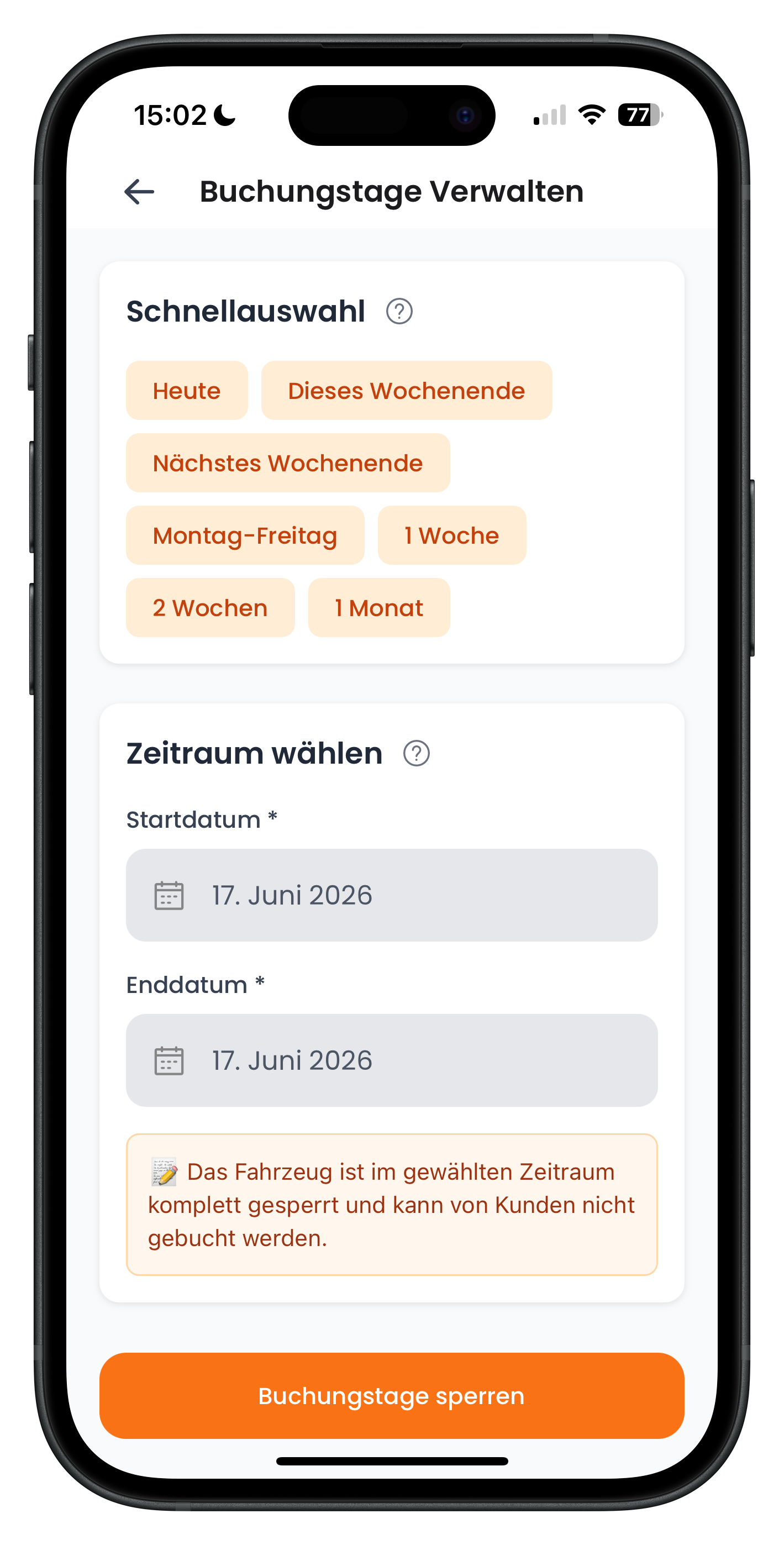 Schnellauswahl mit vordefinierten Zeitraum-Chips und manueller Auswahl von Start- und Enddatum zum Sperren von Buchungstagen