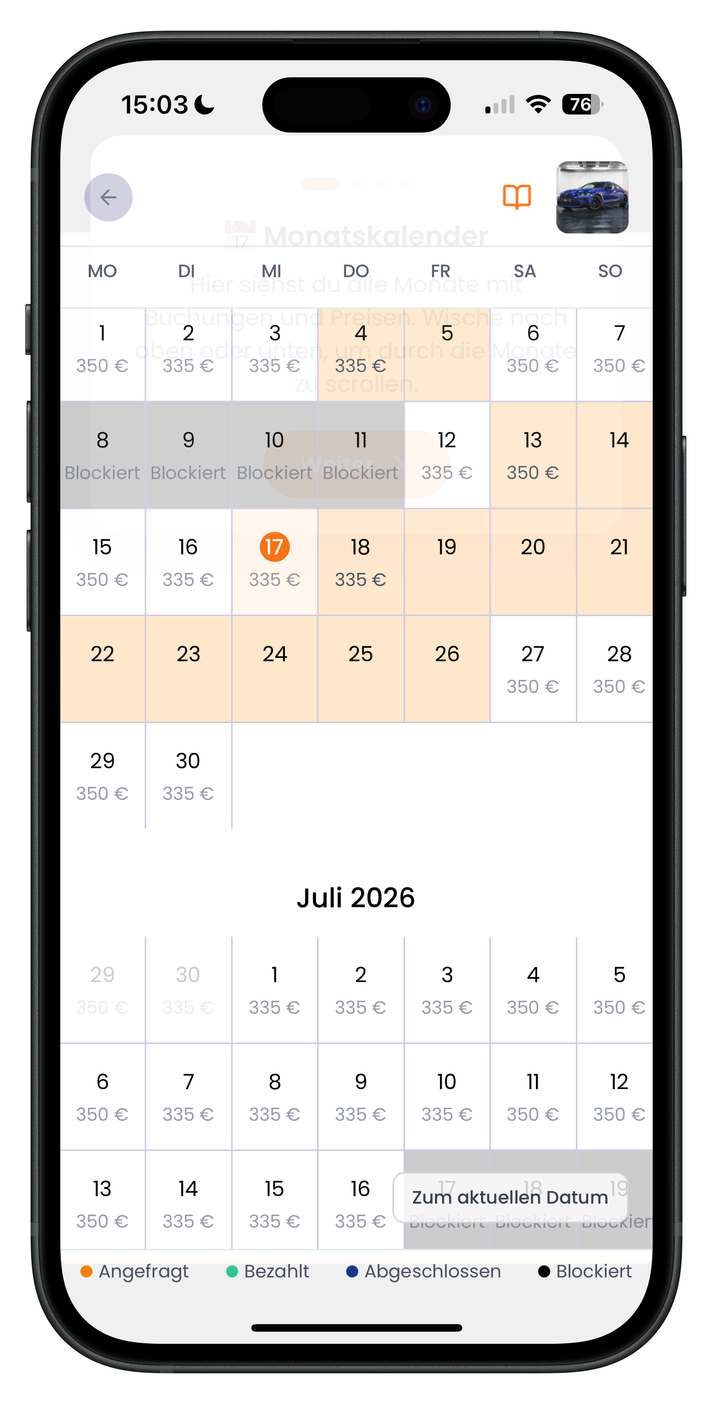 Monatskalender mit Tagespreisen, ausgegrauten blockierten Tagen und Legende für Angefragt, Bezahlt, Abgeschlossen und Blockiert