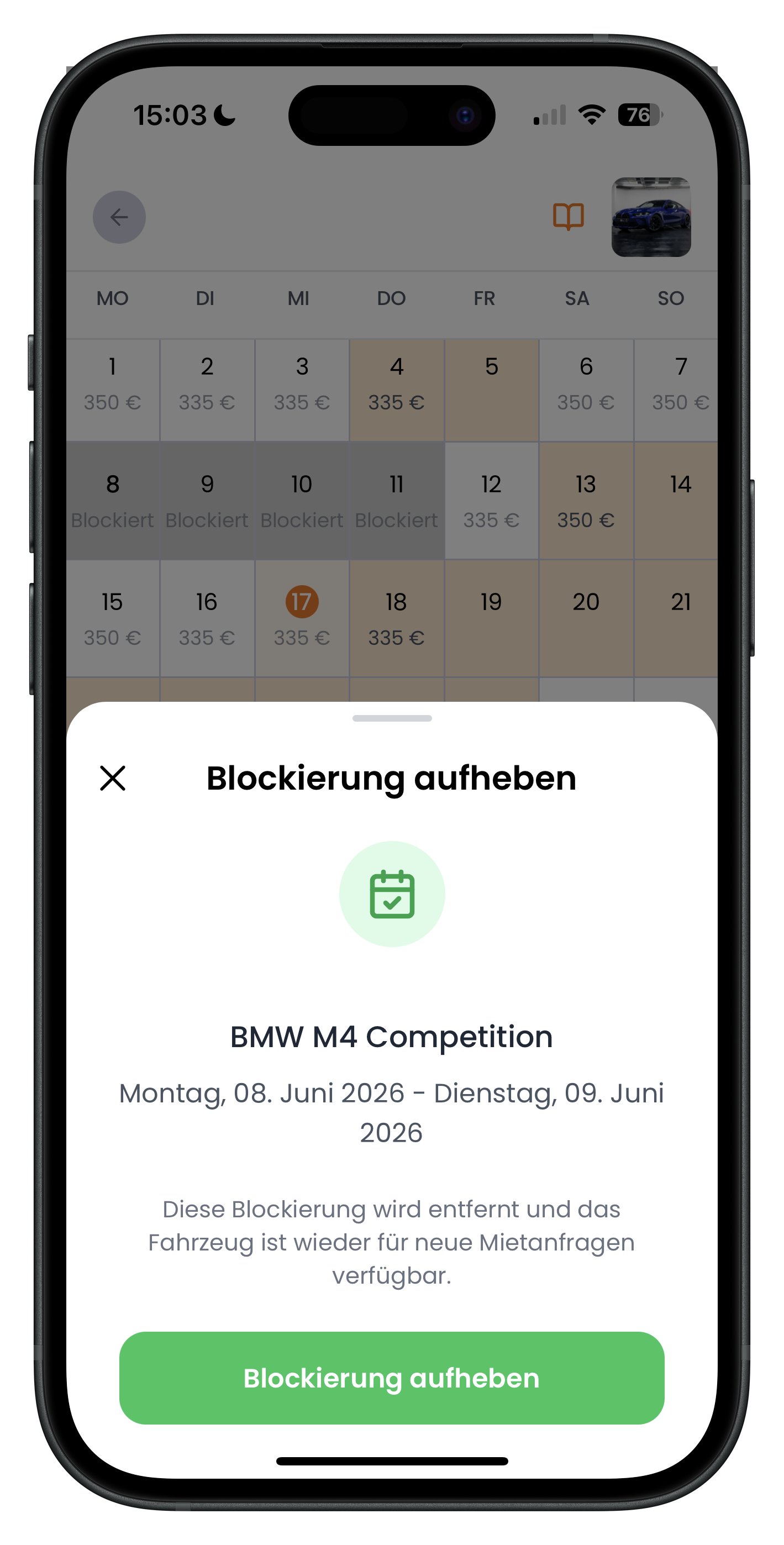 Fenster Blockierung aufheben mit gesperrtem Zeitraum für den BMW M4 Competition und grünem Button Blockierung aufheben