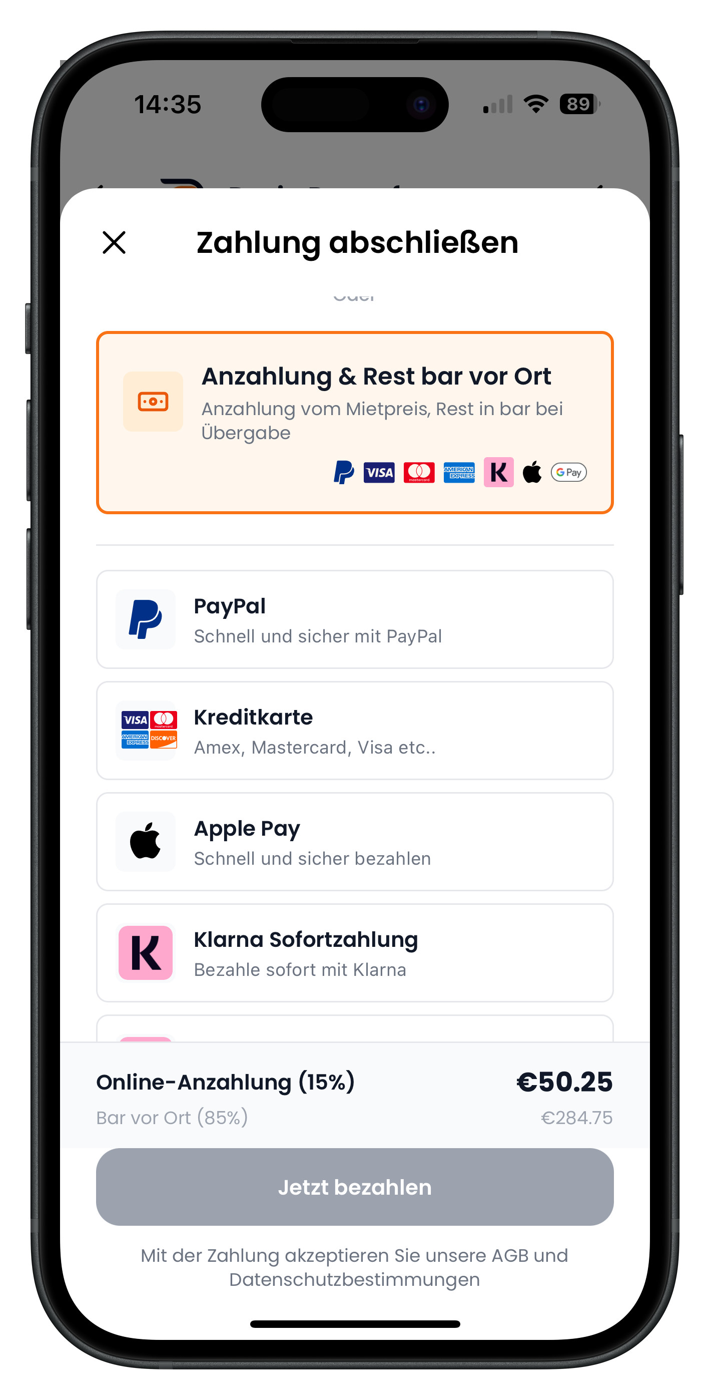 Auswahl der Zahlungsmethode mit Aufteilung in Online-Anzahlung 15 Prozent und Rest bar vor Ort 85 Prozent
