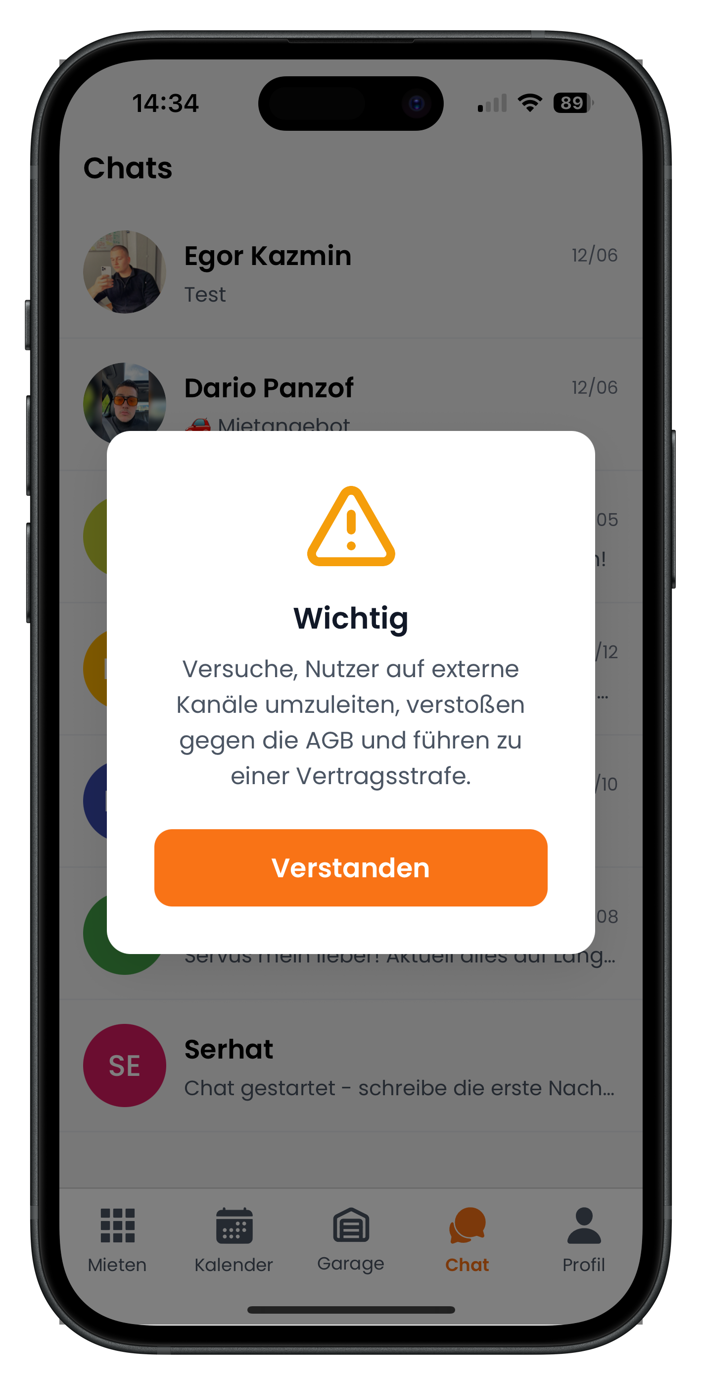 Drivable Chat-Übersicht mit Kundenliste und Wichtig-Hinweis, dass Kommunikation in der App bleiben muss