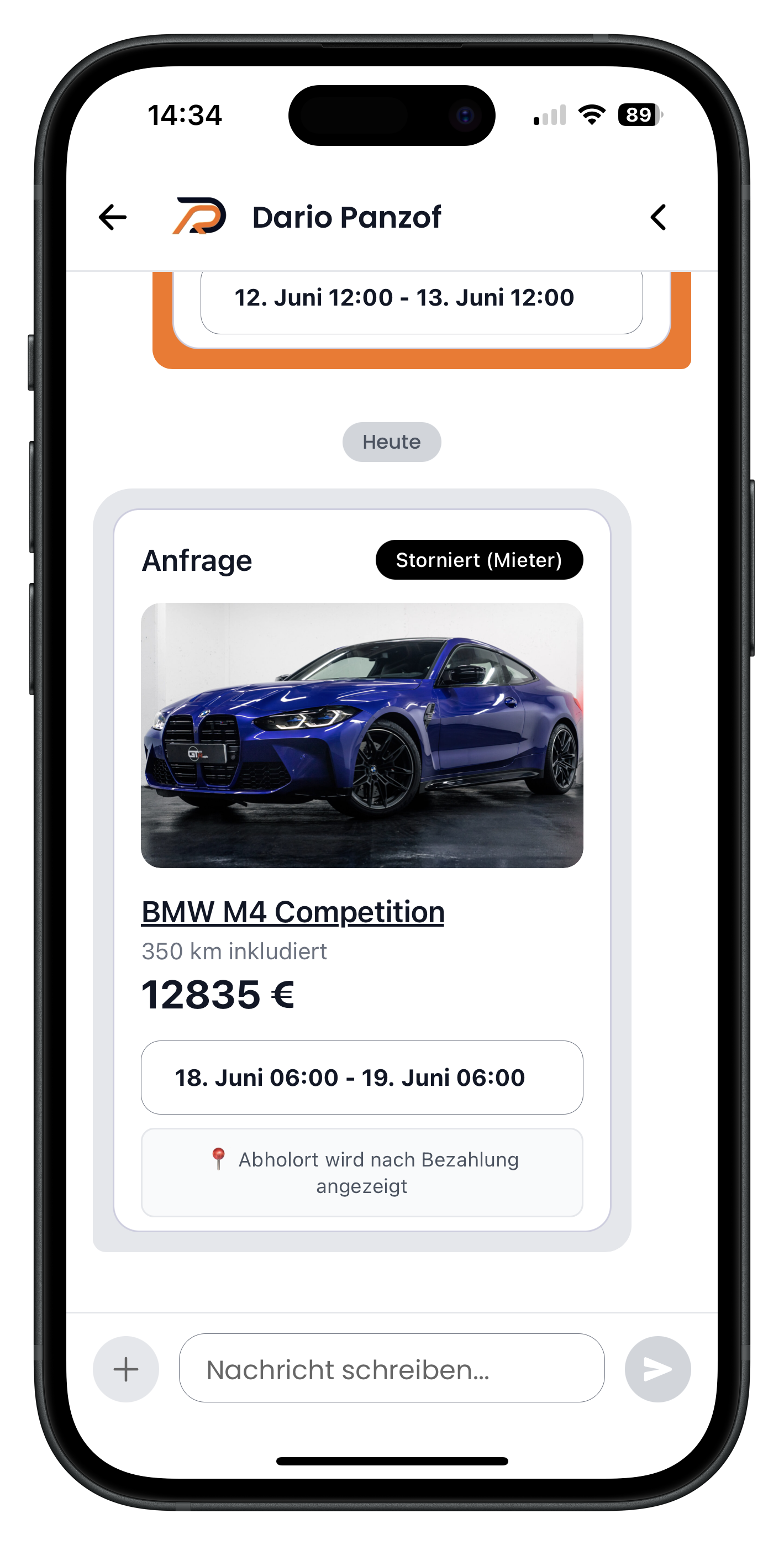 Chat mit Kunde Dario Panzof, in dem eine stornierte Anfrage für einen BMW M4 Competition als Karte angezeigt wird