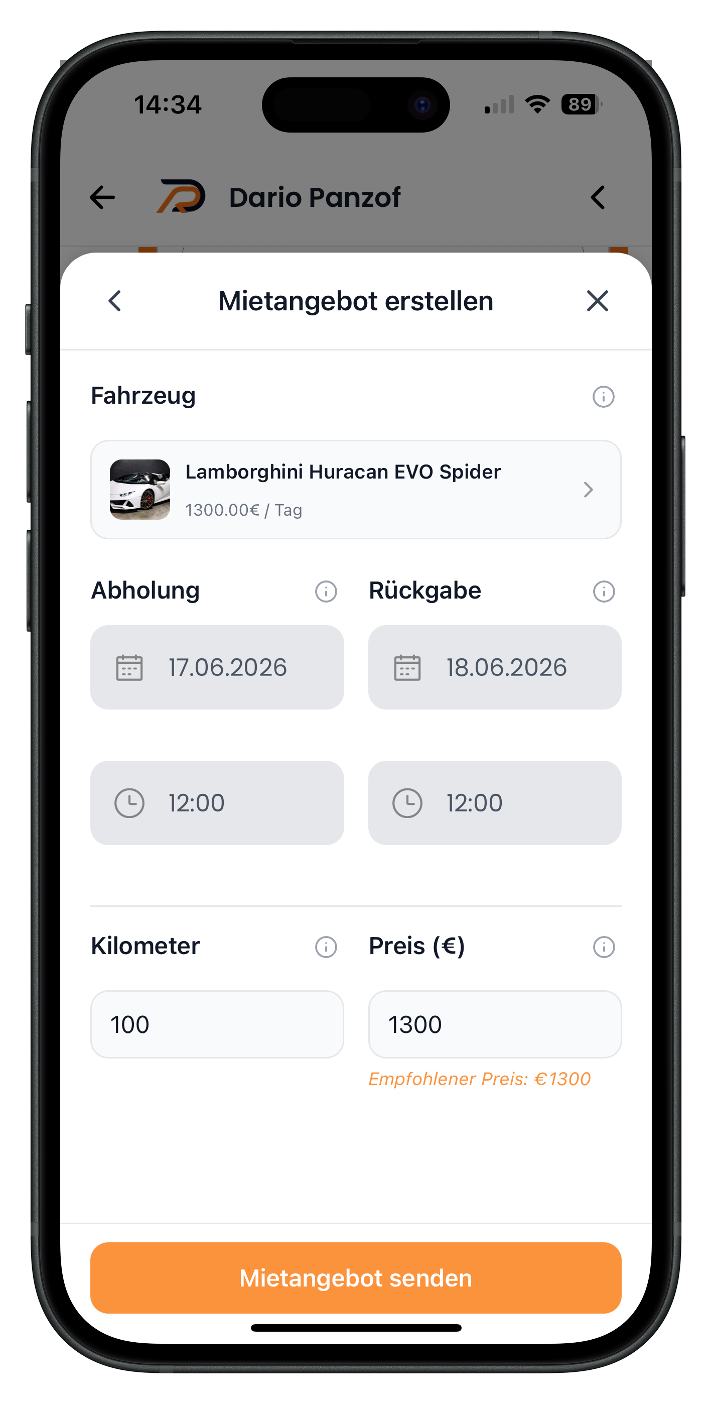 Formular Mietangebot erstellen mit Feldern für Fahrzeug, Abholung, Rückgabe, Kilometer und Preis