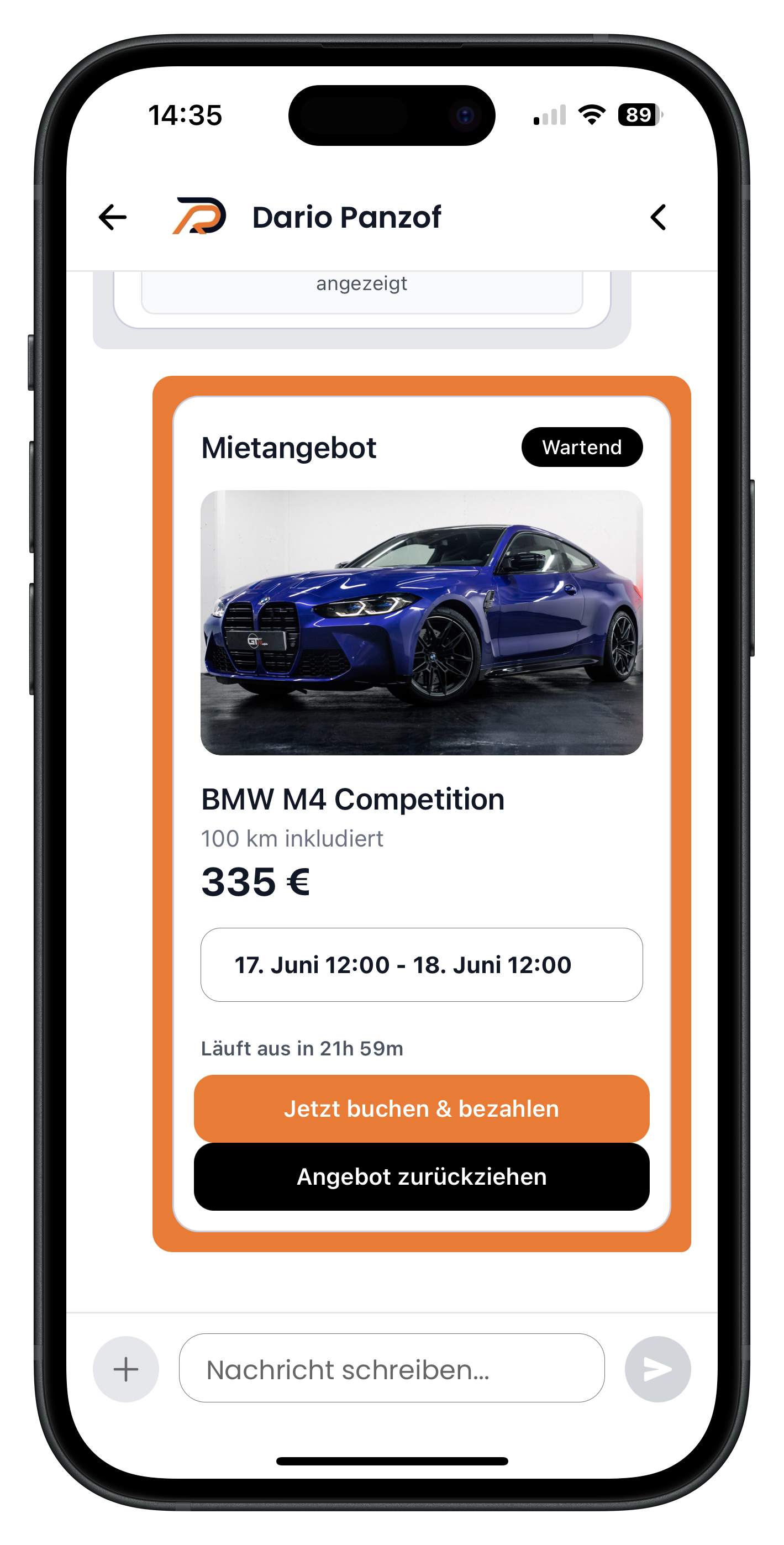 Gesendetes Mietangebot im Chat mit Status Wartend, Preis und Buttons zum Buchen oder Zurückziehen