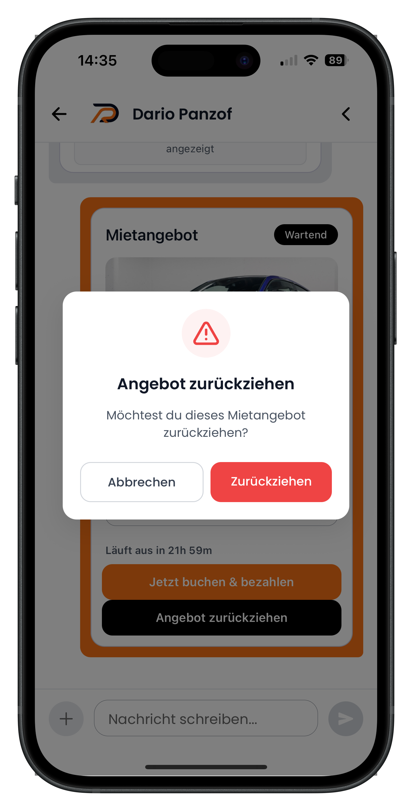 Sicherheitsabfrage Angebot zurückziehen mit den Optionen Abbrechen und Zurückziehen