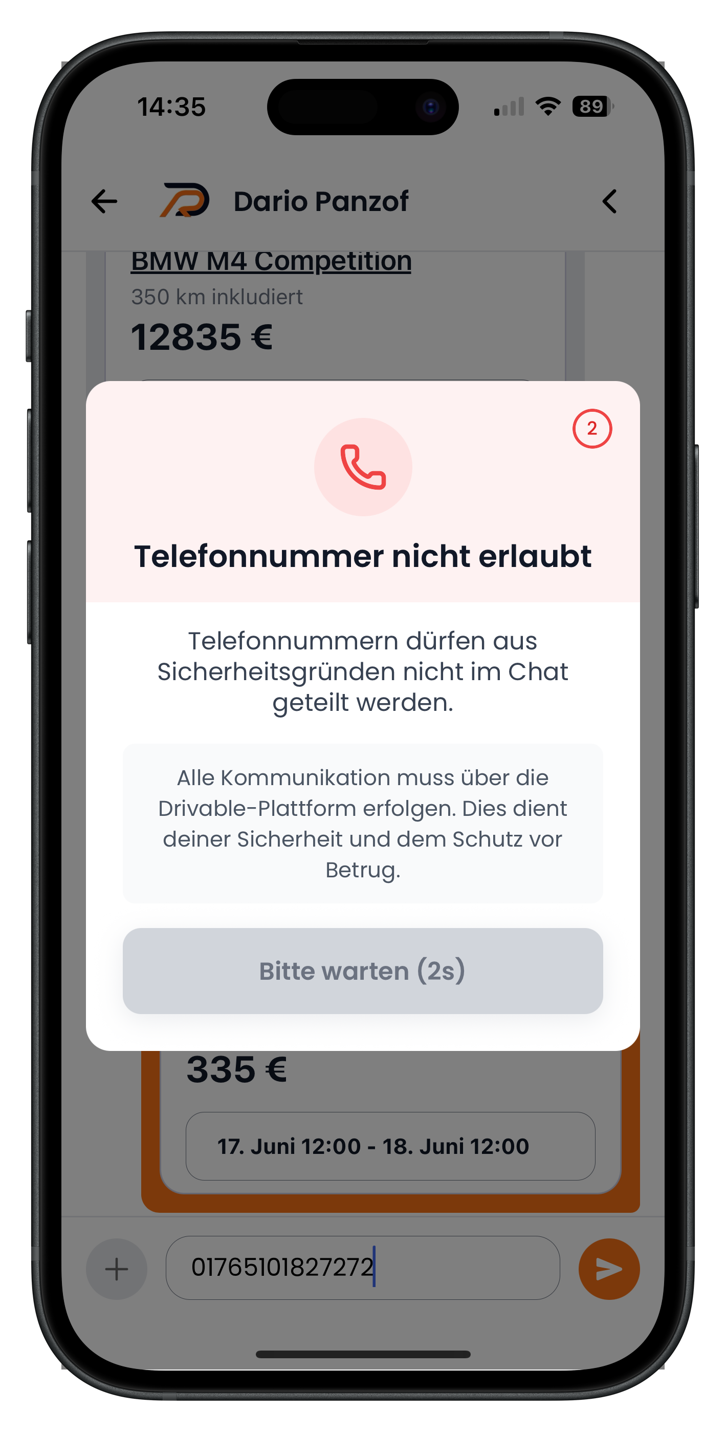 Hinweisfenster Telefonnummer nicht erlaubt, das das Teilen von Telefonnummern im Chat blockiert
