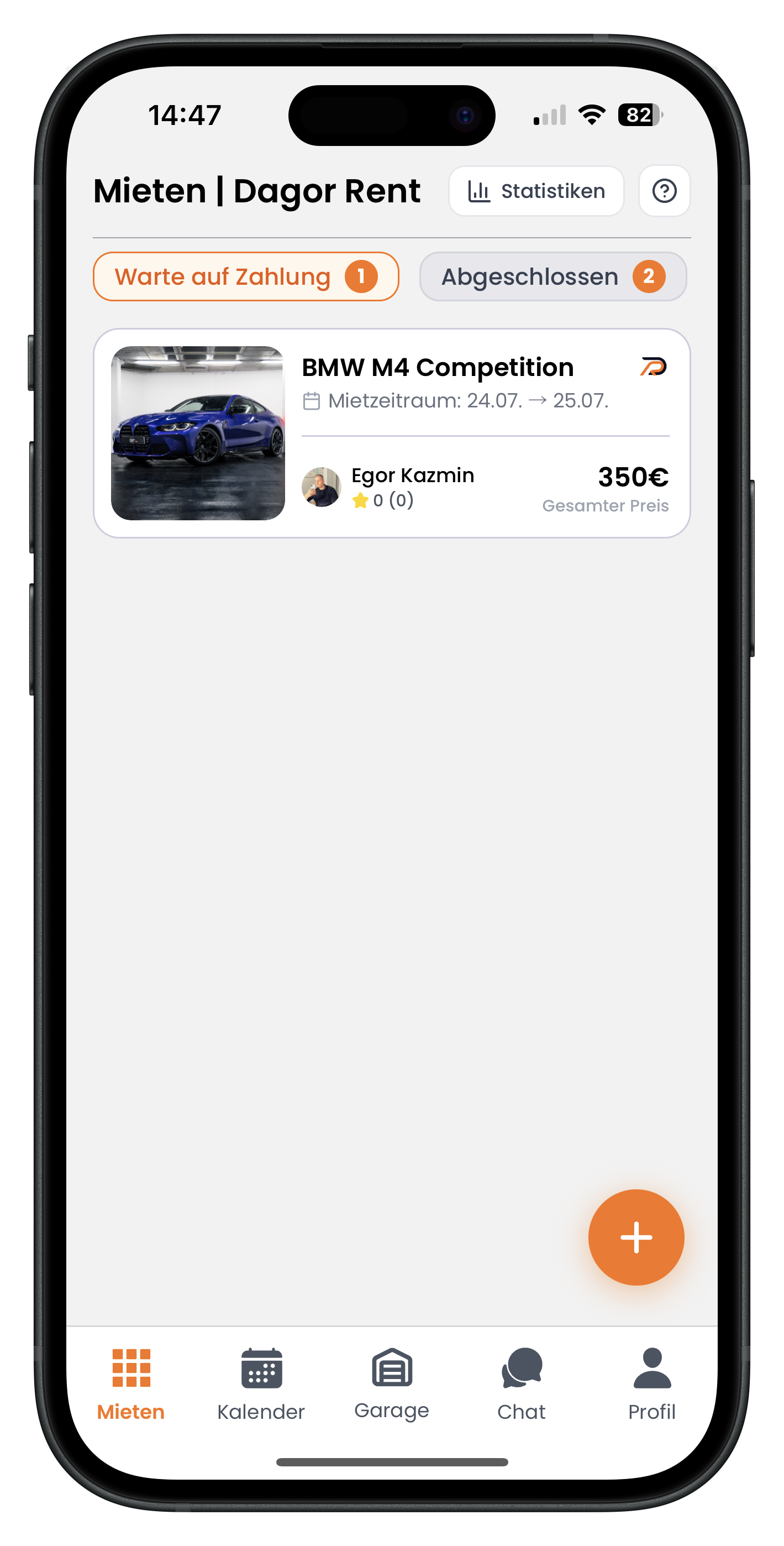 Vermieter-Dashboard mit aktivem Tab Warte auf Zahlung und einer akzeptierten BMW M4 Competition Miete