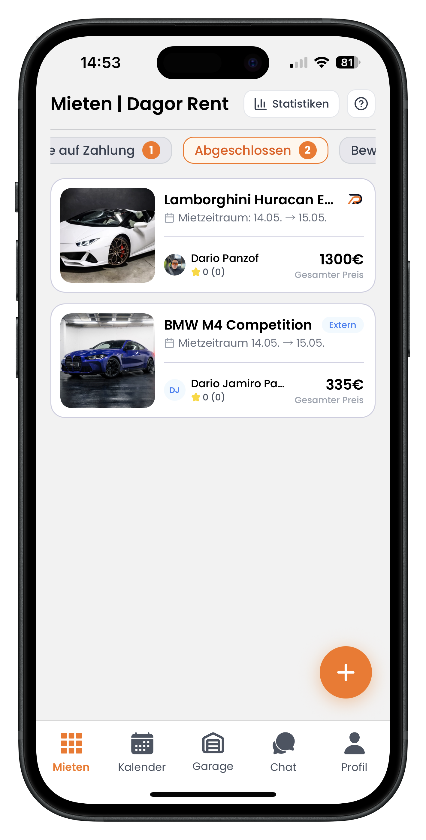 Tab Abgeschlossen mit einer Lamborghini Huracan Miete und einer als Extern markierten BMW M4 Miete