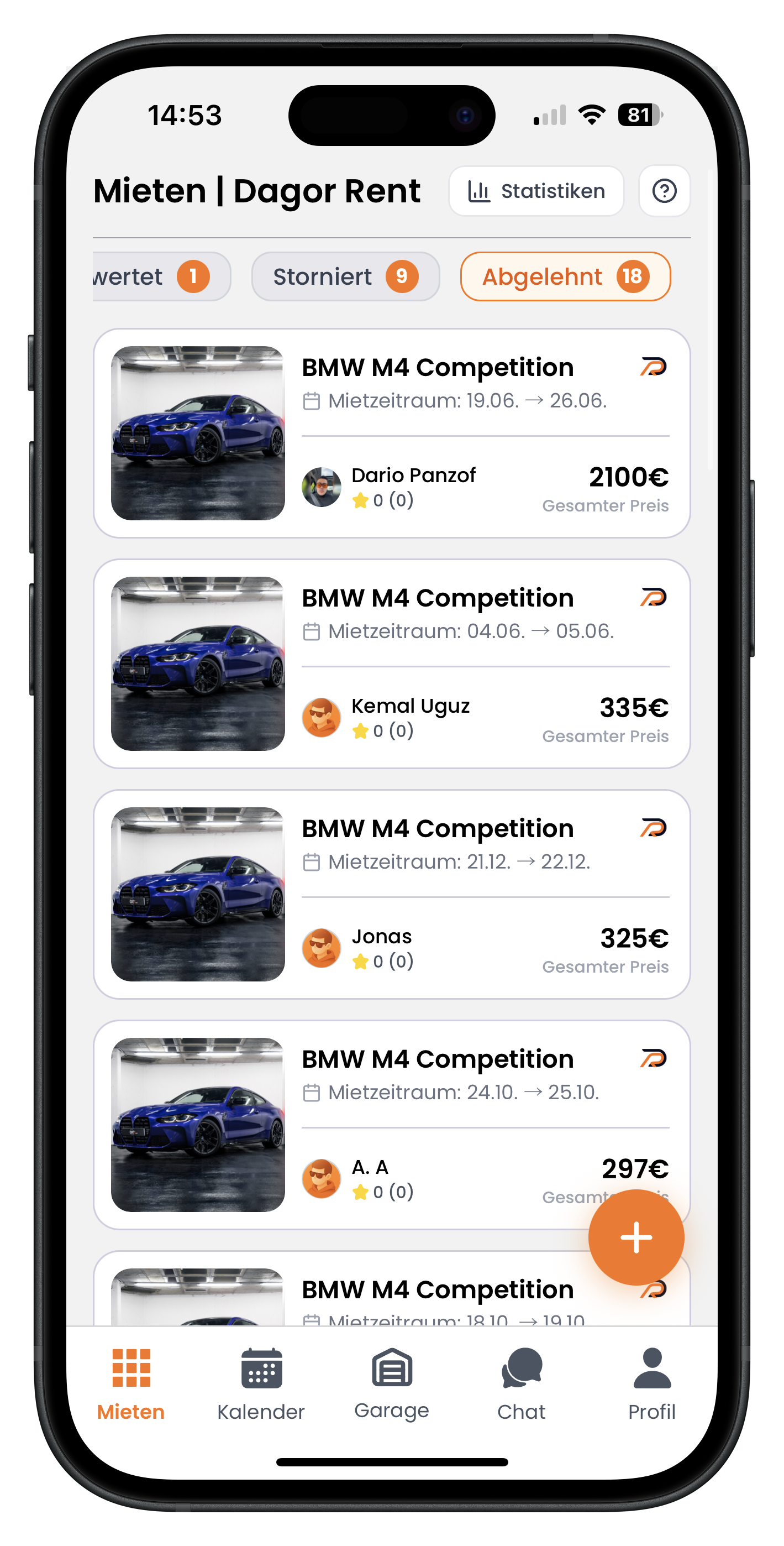 Tab Abgelehnt mit einer Liste abgelehnter BMW M4 Competition Anfragen verschiedener Kunden