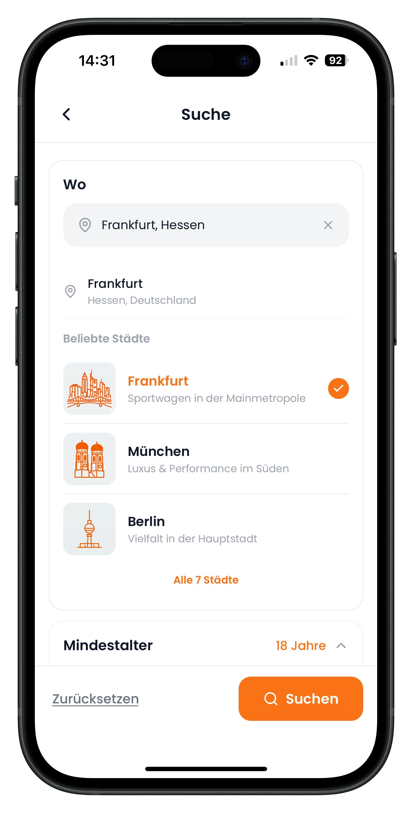 Drivable Suche-Screen mit Sektion Wo, Eingabefeld Frankfurt und der Liste beliebter Städte mit Frankfurt orange ausgewählt