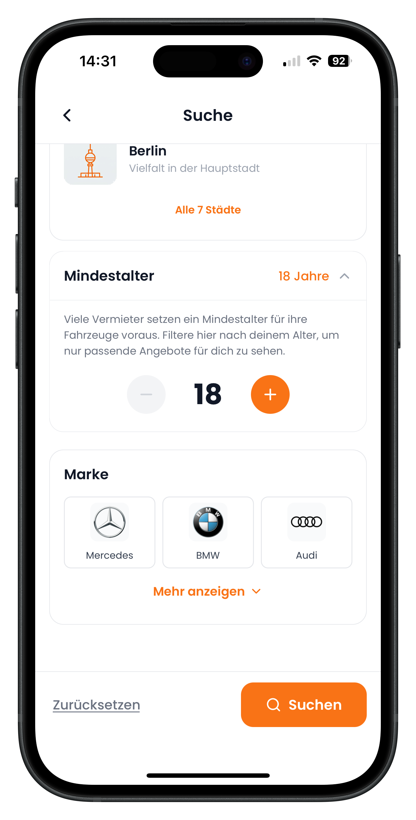 Drivable Suche-Screen gescrollt mit ausgeklapptem Mindestalter-Stepper auf 18 Jahre und den Marken-Kacheln Mercedes, BMW und Audi