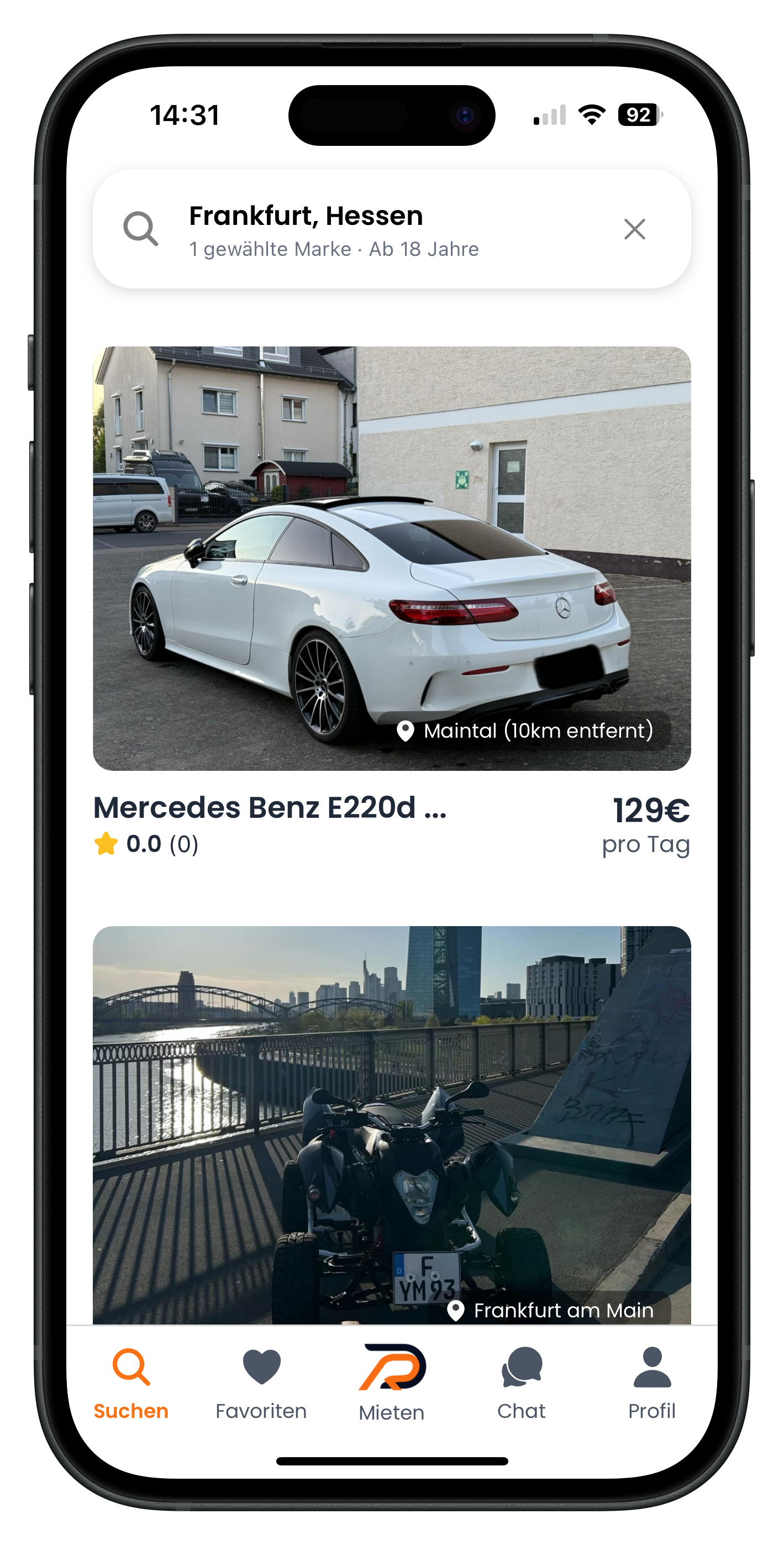 Drivable Ergebnisliste mit Filterzusammenfassung Frankfurt, 1 gewählte Marke, ab 18 Jahre und einem Mercedes Benz E220d für 129 Euro pro Tag