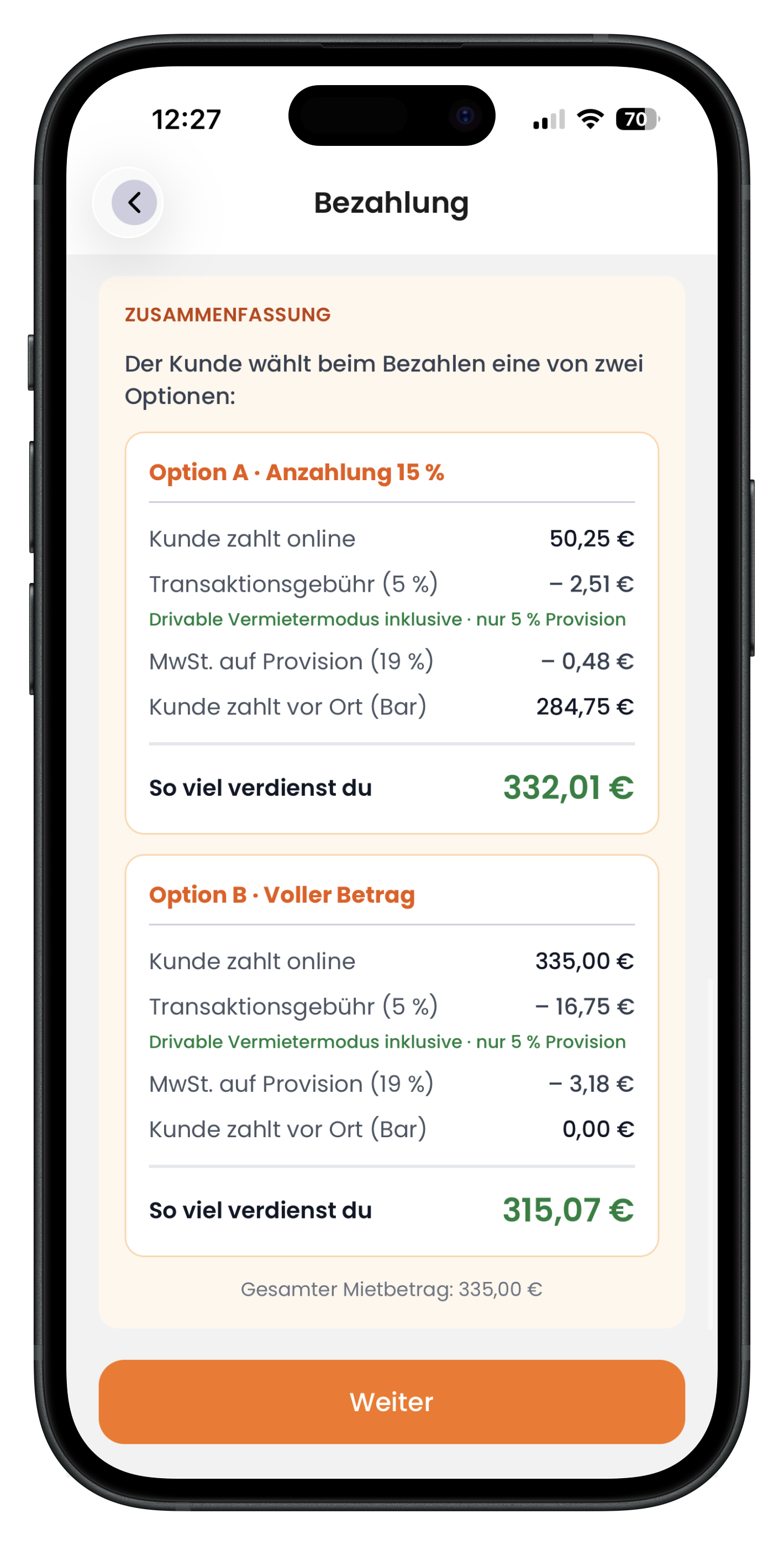 Zusammenfassung mit Option A Anzahlung und Option B voller Betrag samt Verdienst
