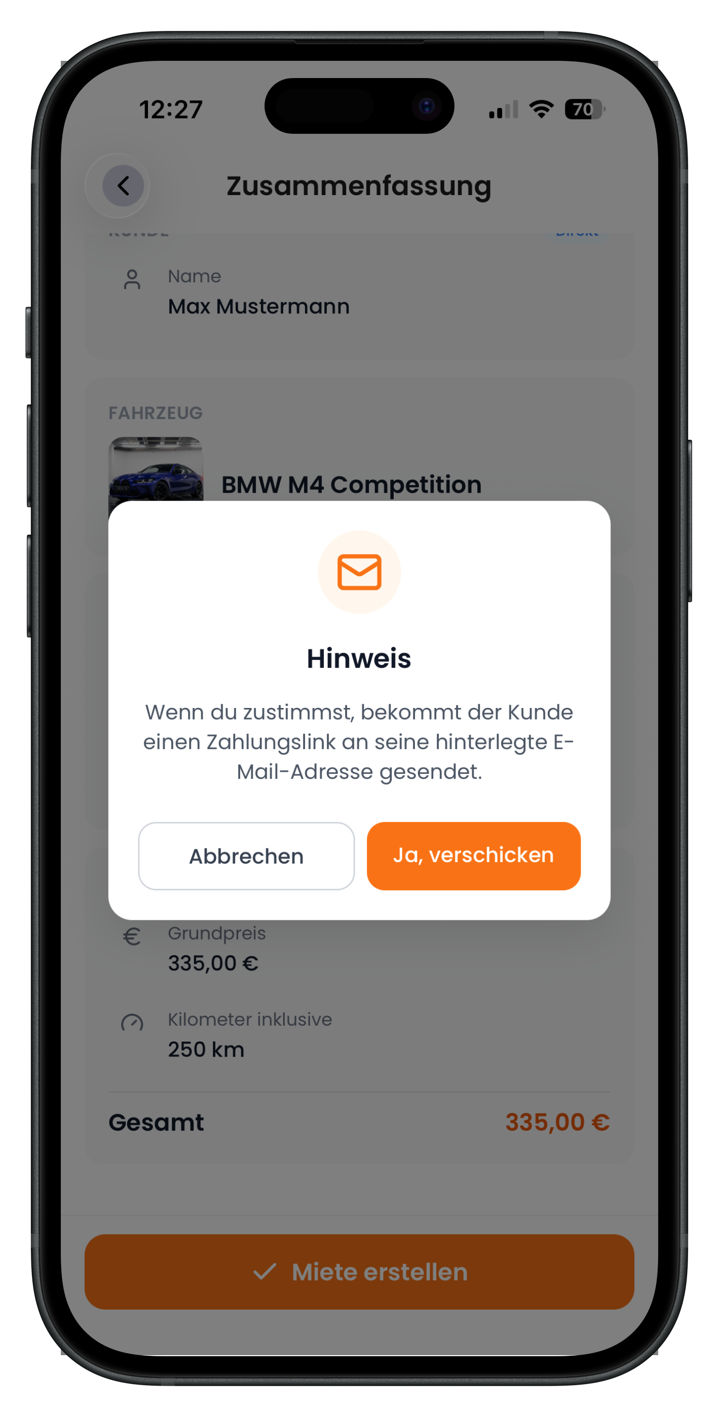 Hinweis-Popup vor dem Versand des Zahlungslinks