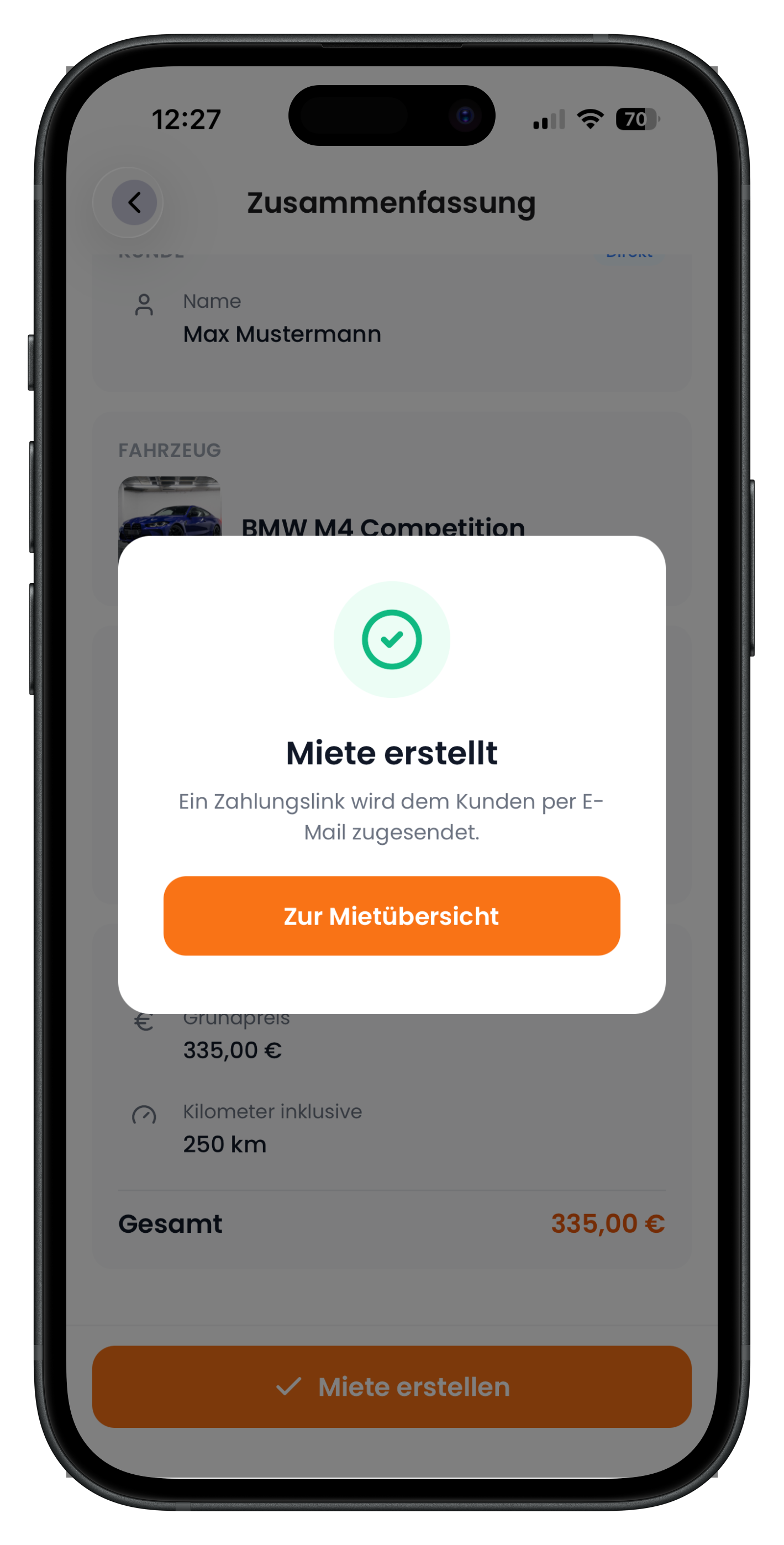 Bestätigung Miete erstellt mit Hinweis auf den Zahlungslink