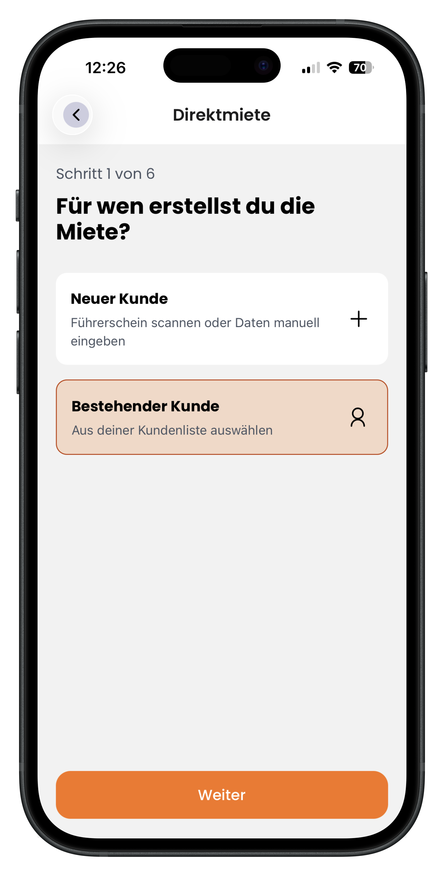 Erster Schritt der Direktmiete mit der Auswahl neuer oder bestehender Kunde