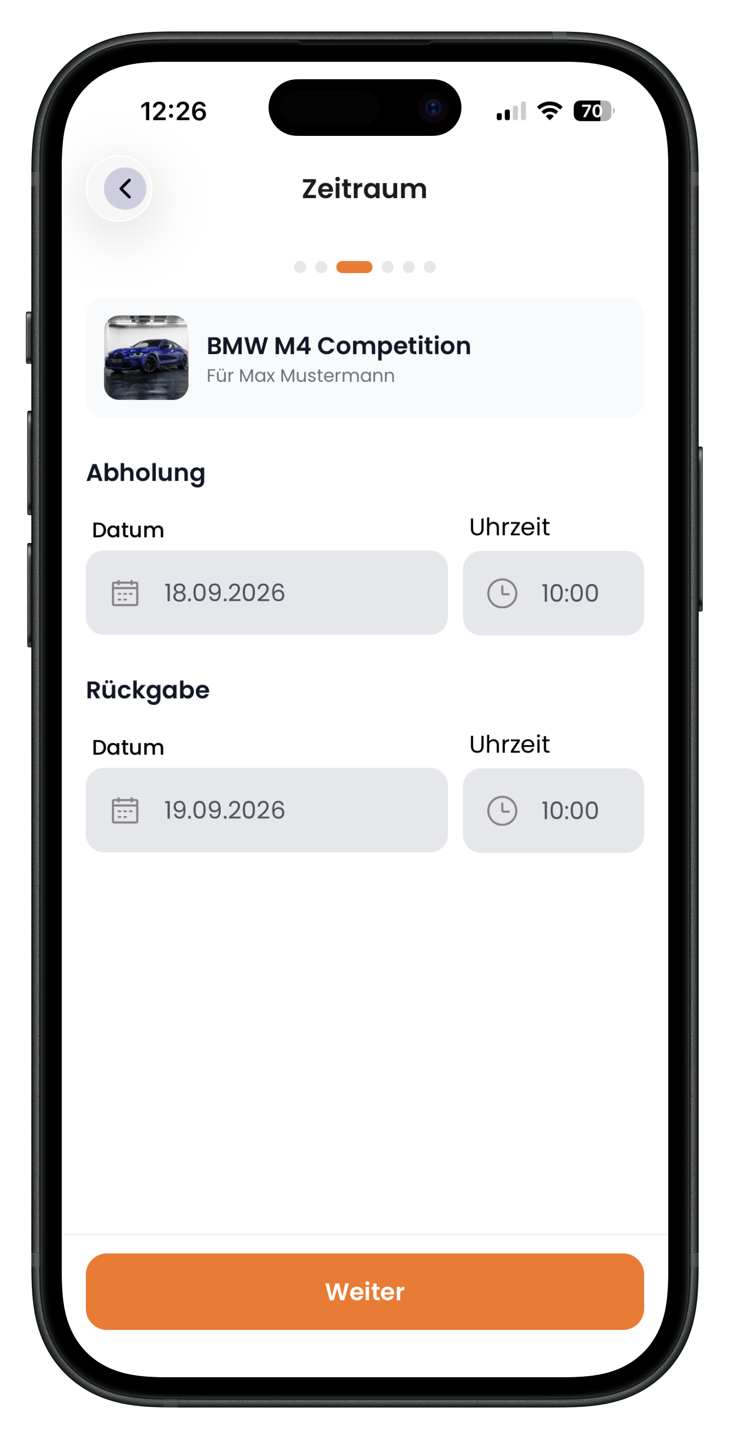 Zeitraum-Schritt mit Datum und Uhrzeit für Abholung und Rückgabe