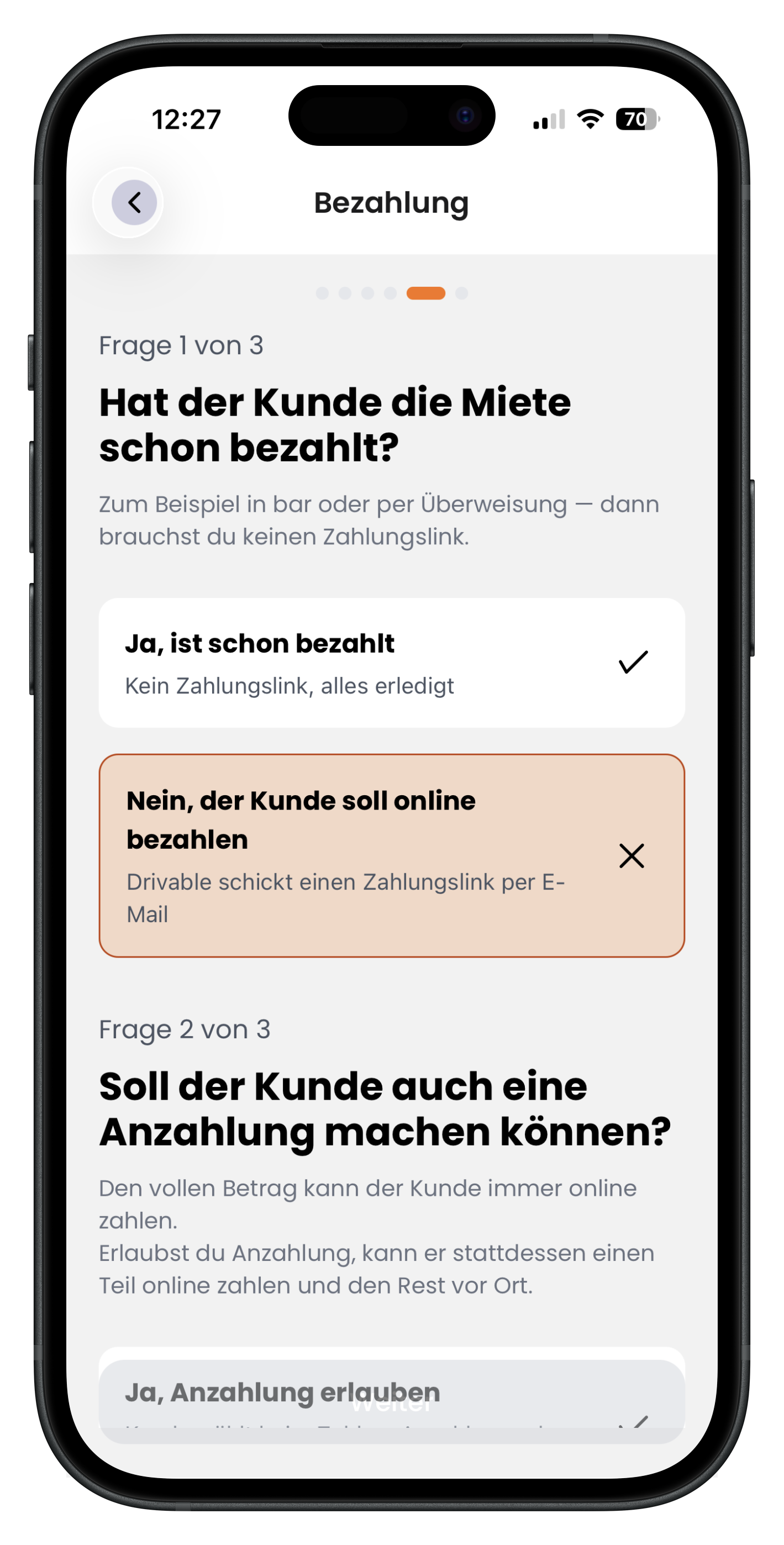Erste Bezahlfrage mit den Optionen schon bezahlt oder online bezahlen