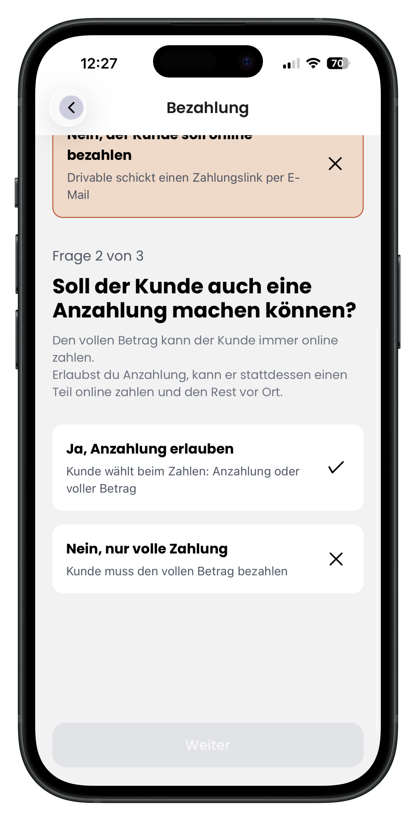 Frage, ob eine Anzahlung erlaubt werden soll, mit beiden Optionen