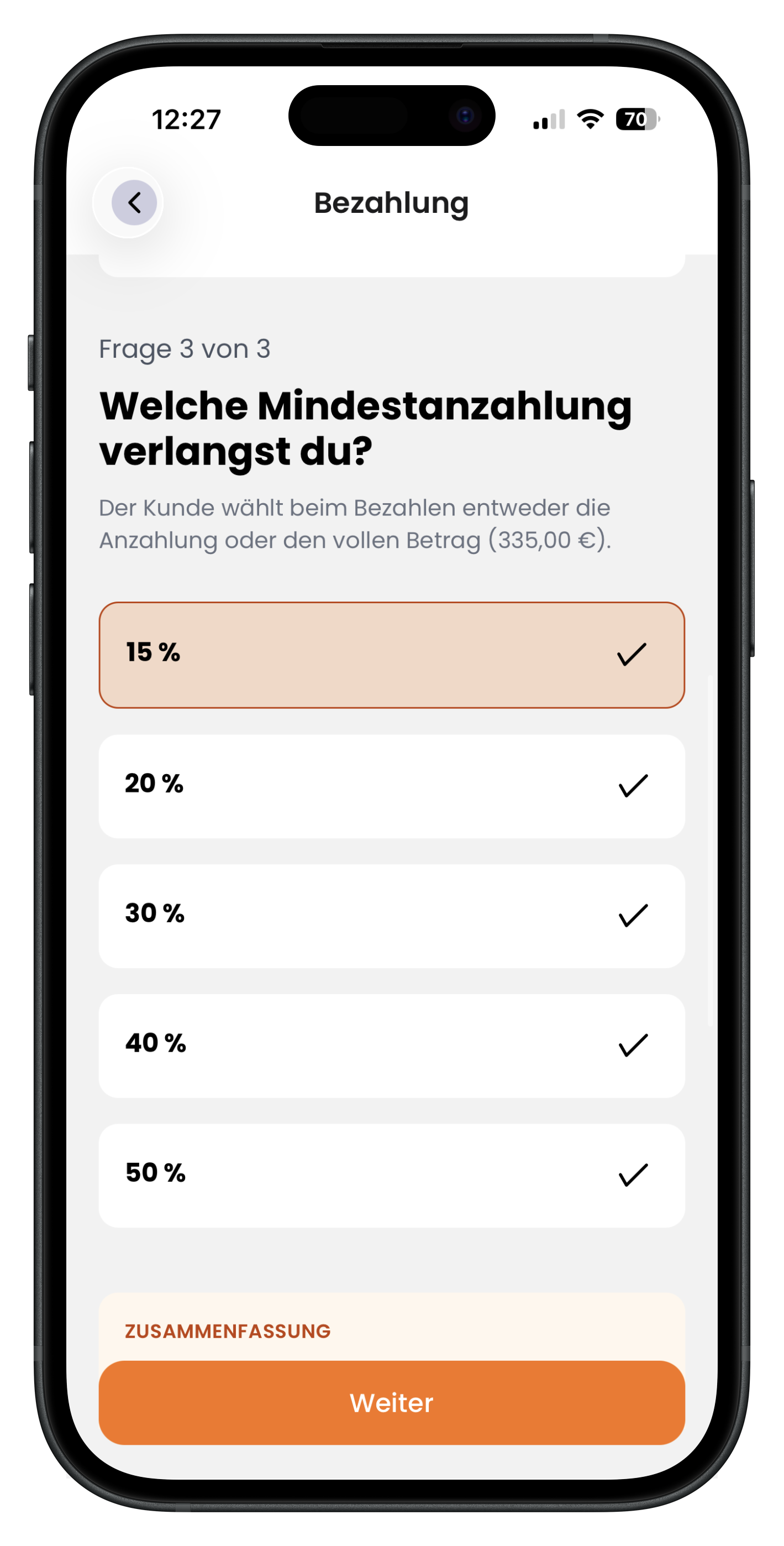 Auswahl der Mindestanzahlung mit den Stufen 15 bis 50 Prozent