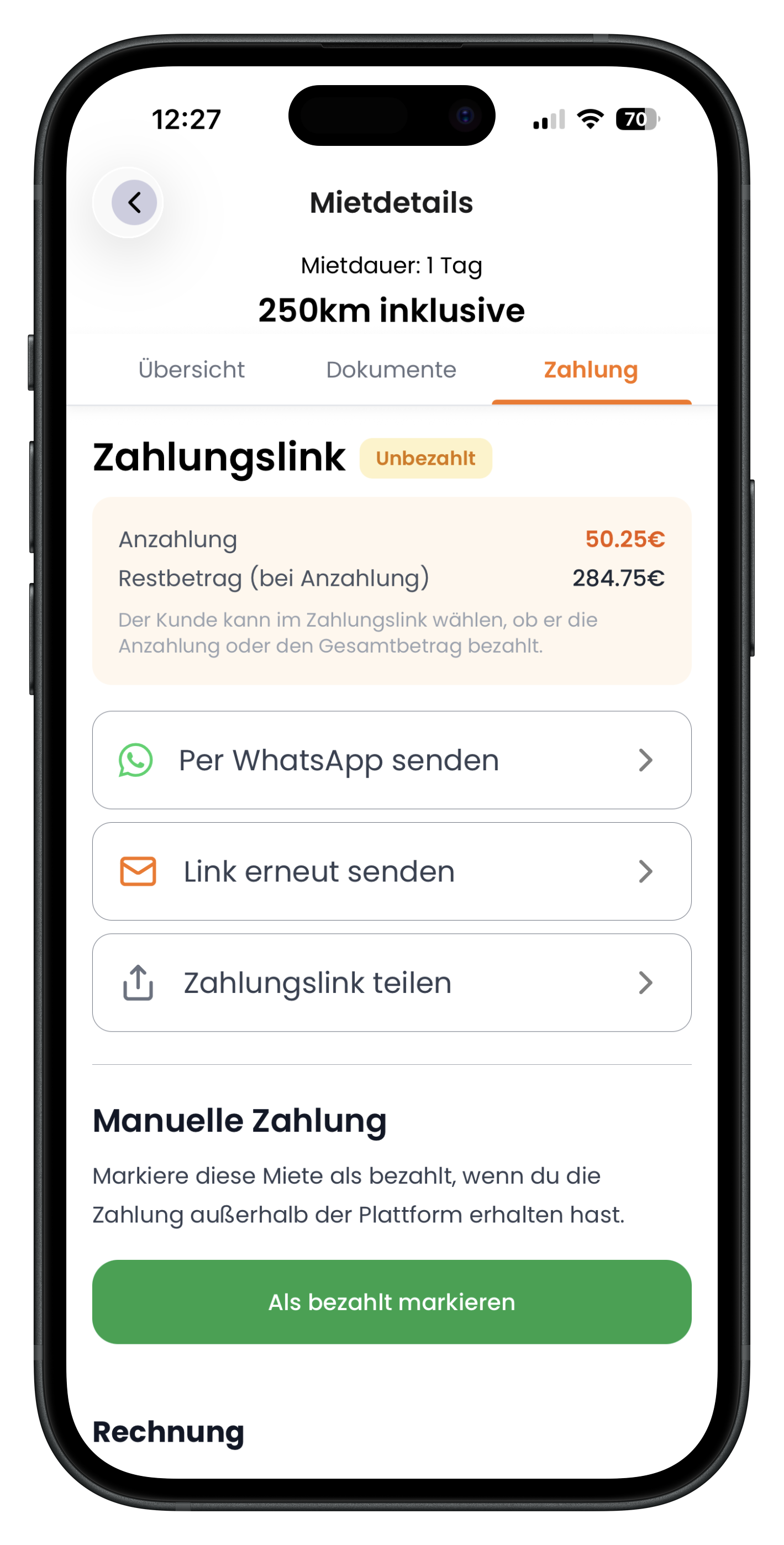Tab Zahlung mit unbezahltem Zahlungslink, Anzahlung und Versand-Optionen