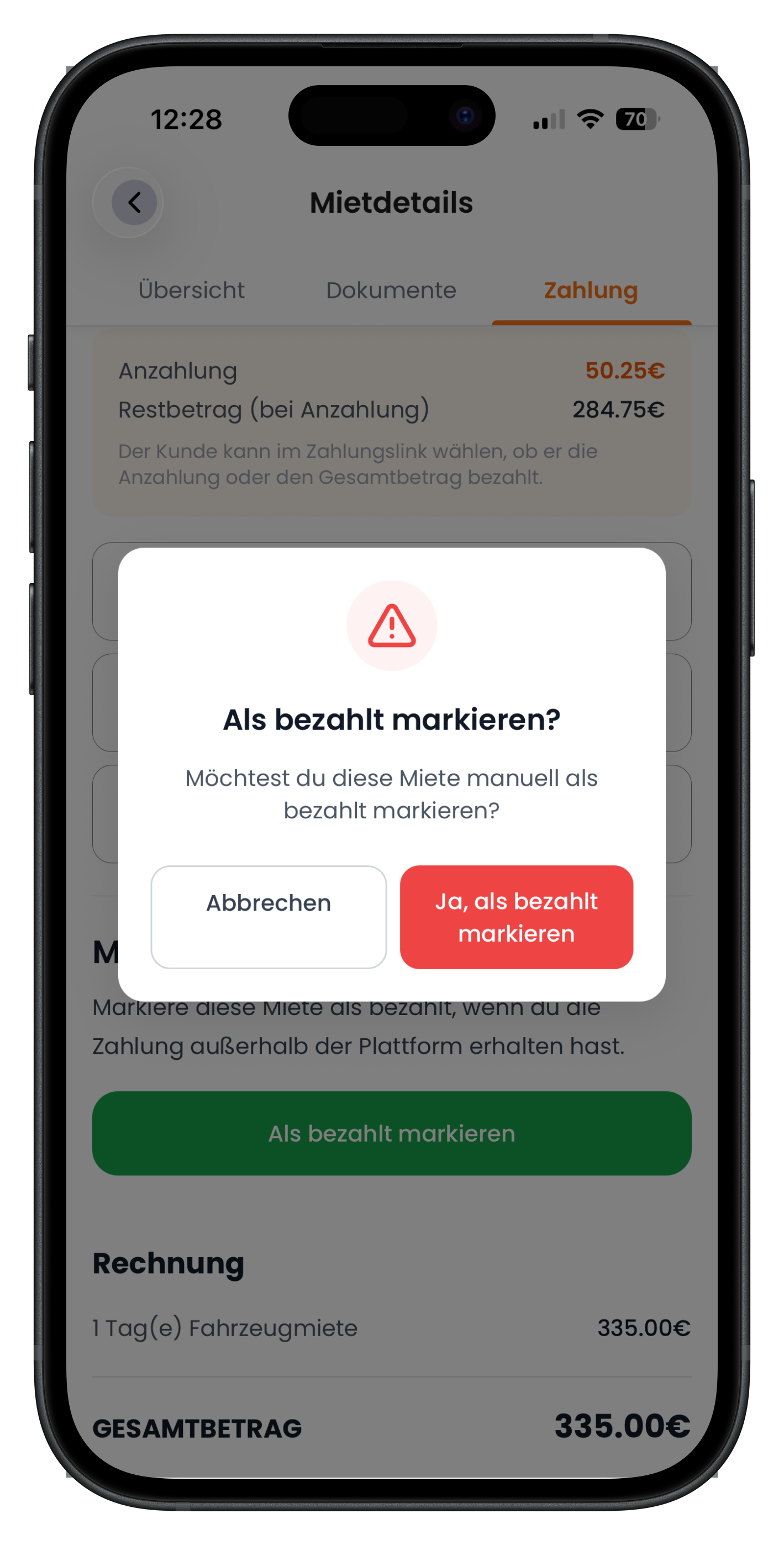 Nachfrage, ob die Miete manuell als bezahlt markiert werden soll