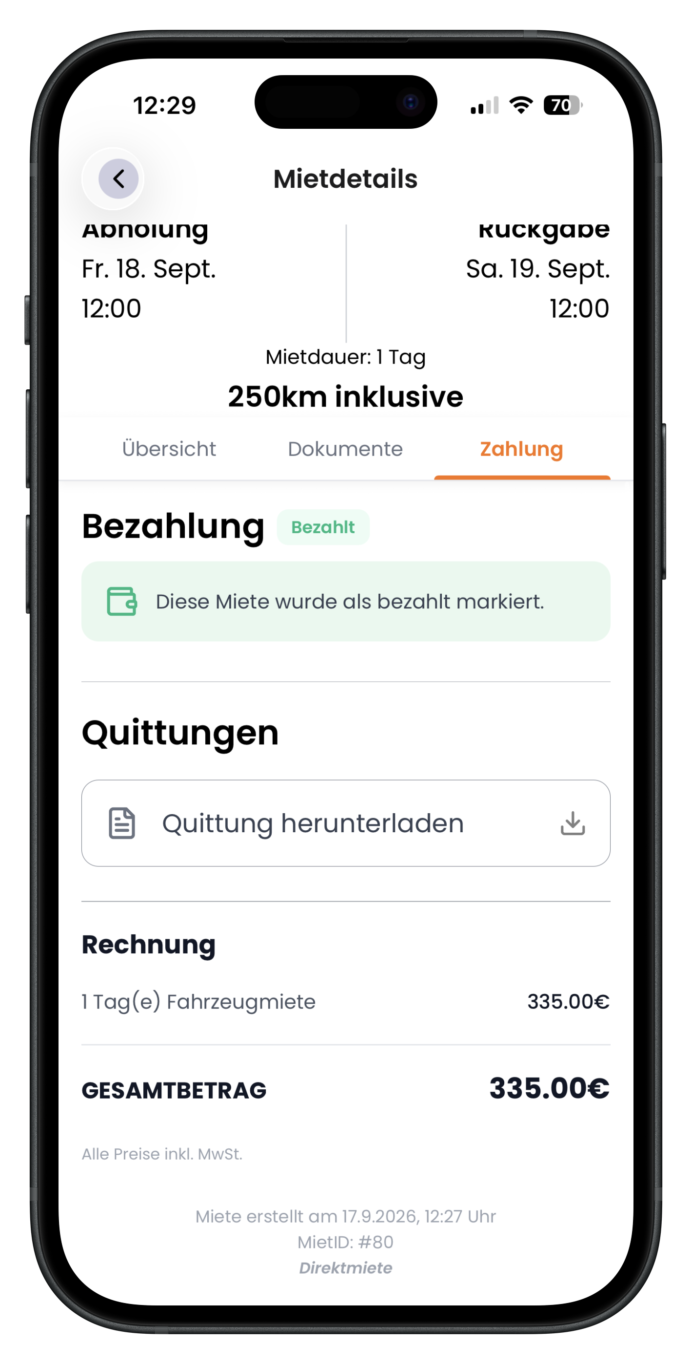 Bezahlte Miete mit grünem Badge, Quittung und Rechnungsübersicht