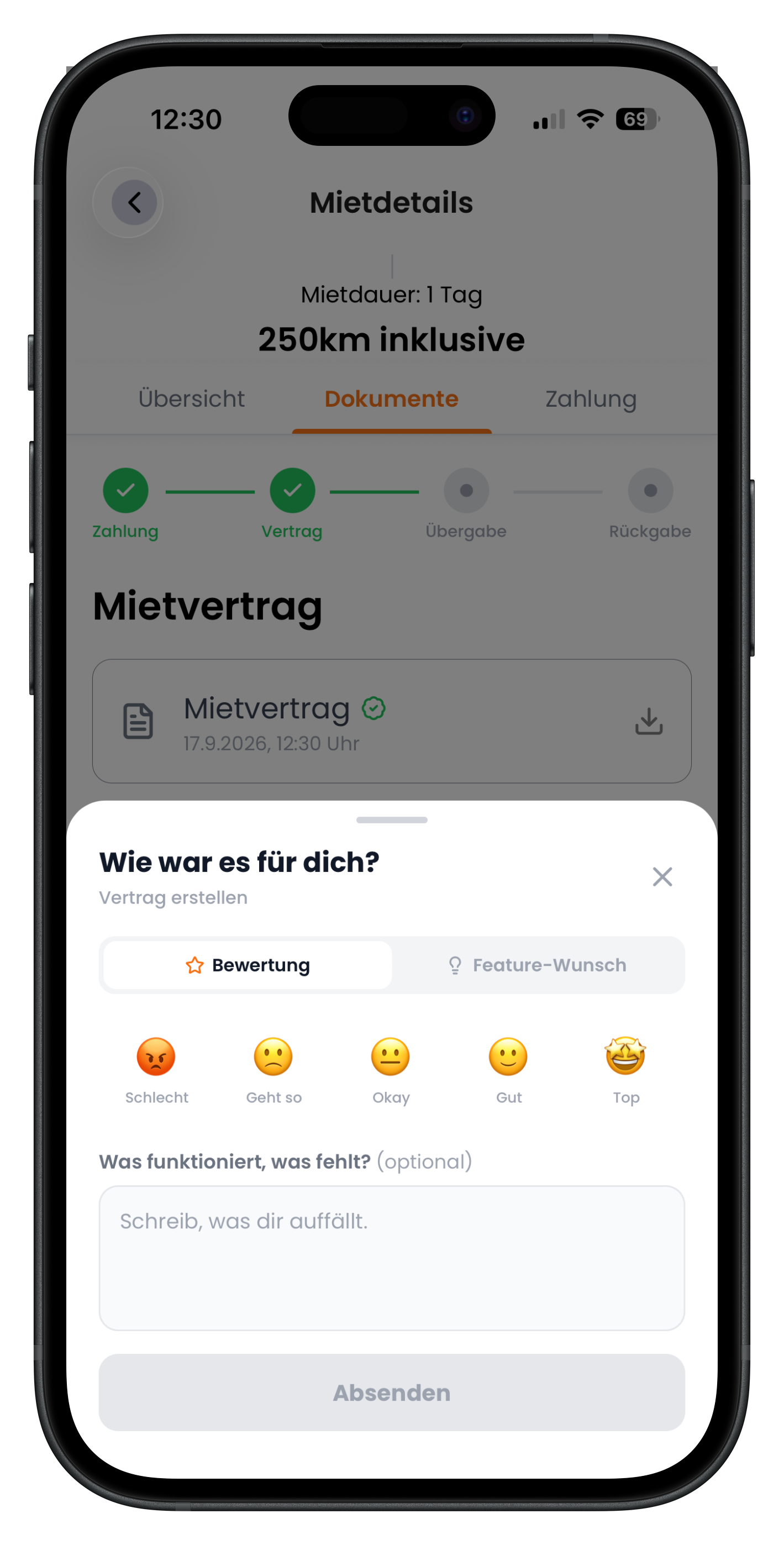 Bewertungsfenster mit fünf Gesichtern von Schlecht bis Top und optionalem Textfeld
